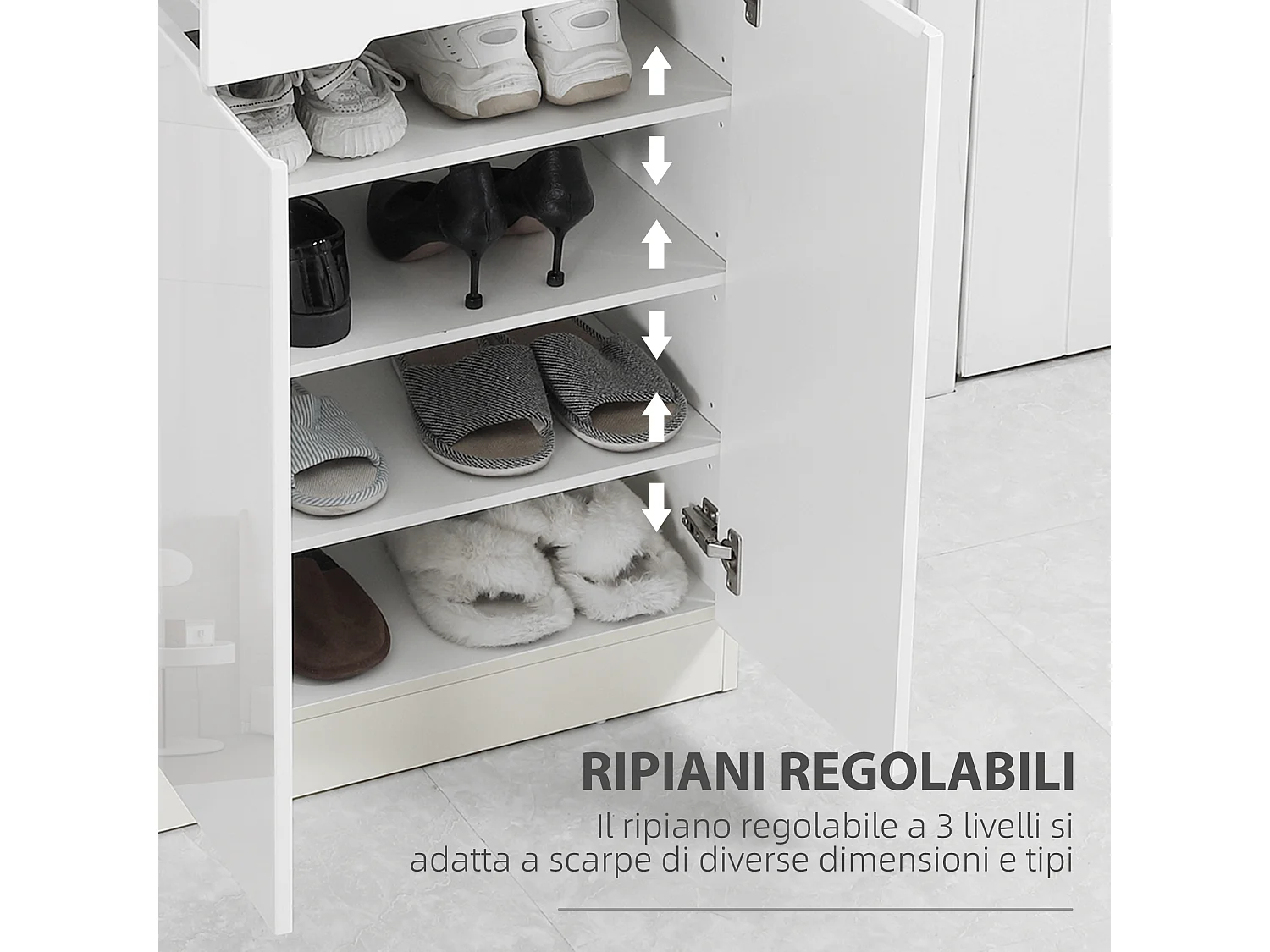 Scarpiera slim per ingressi con 3 ripiani regolabili e cassetto