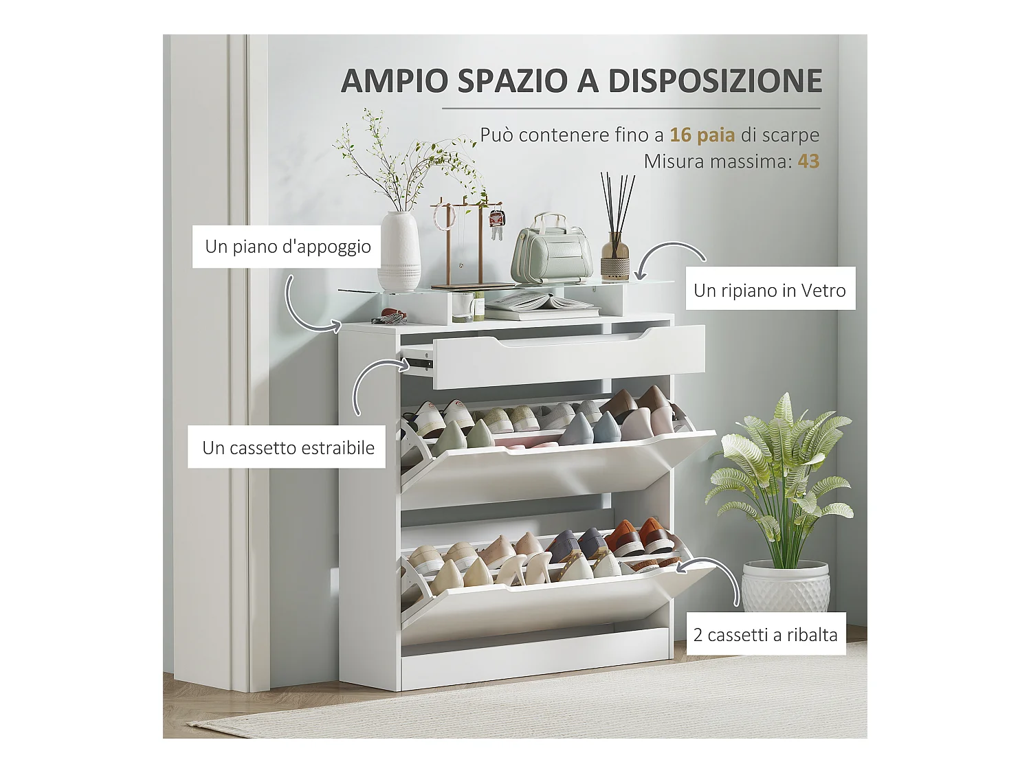Scarpiera il legno 2 cassetti per 16 scarpe 89x23x96cm bianco