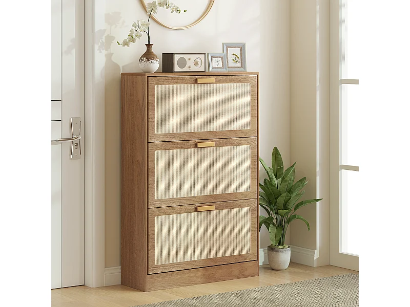 Scarpiera boho a 3 cassetti per 18 paia di scarpe in legno e rattan
