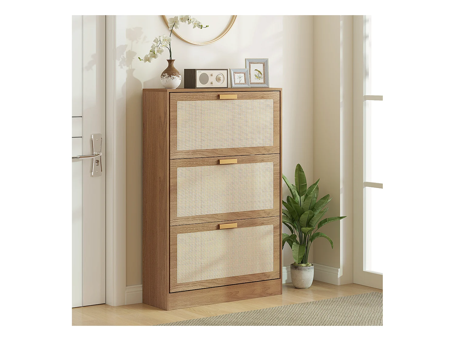 Scarpiera boho a 3 cassetti per 18 paia di scarpe in legno e rattan