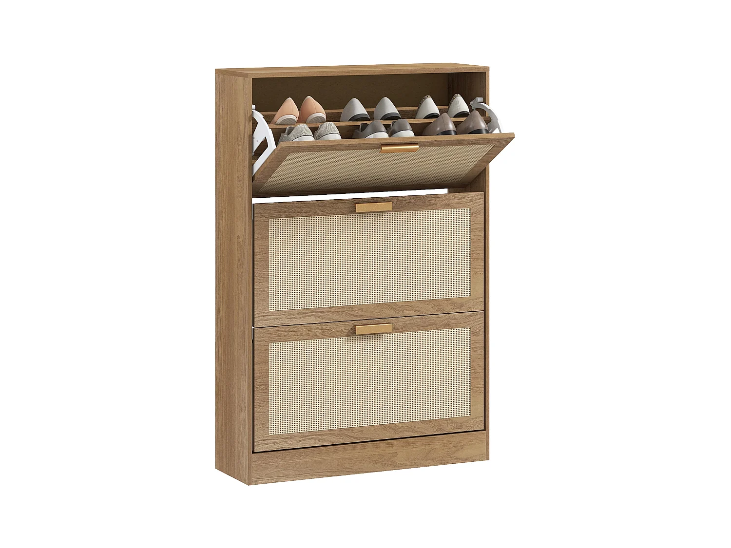 Scarpiera boho a 3 cassetti per 18 paia di scarpe in legno e rattan