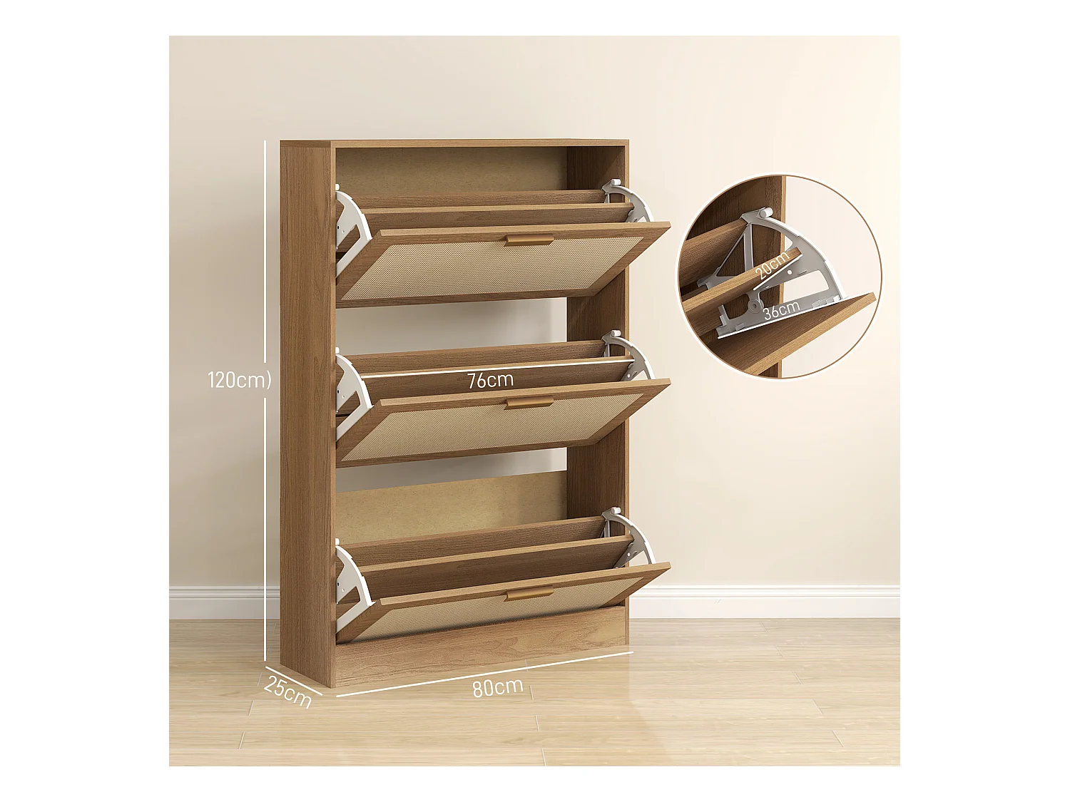 Scarpiera boho a 3 cassetti per 18 paia di scarpe in legno e rattan