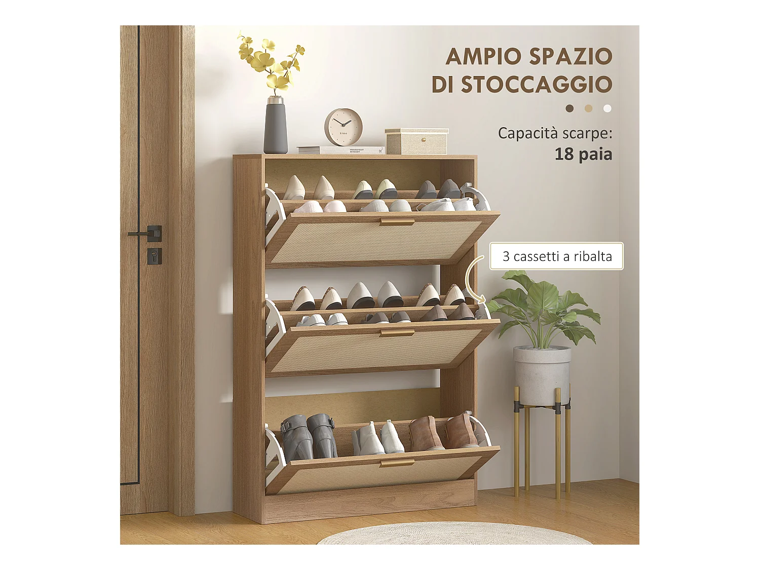 Scarpiera boho a 3 cassetti per 18 paia di scarpe in legno e rattan