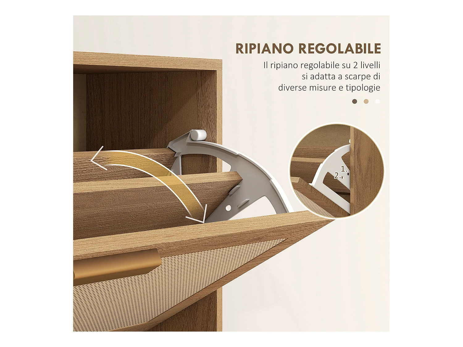 Scarpiera boho a 3 cassetti per 18 paia di scarpe in legno e rattan