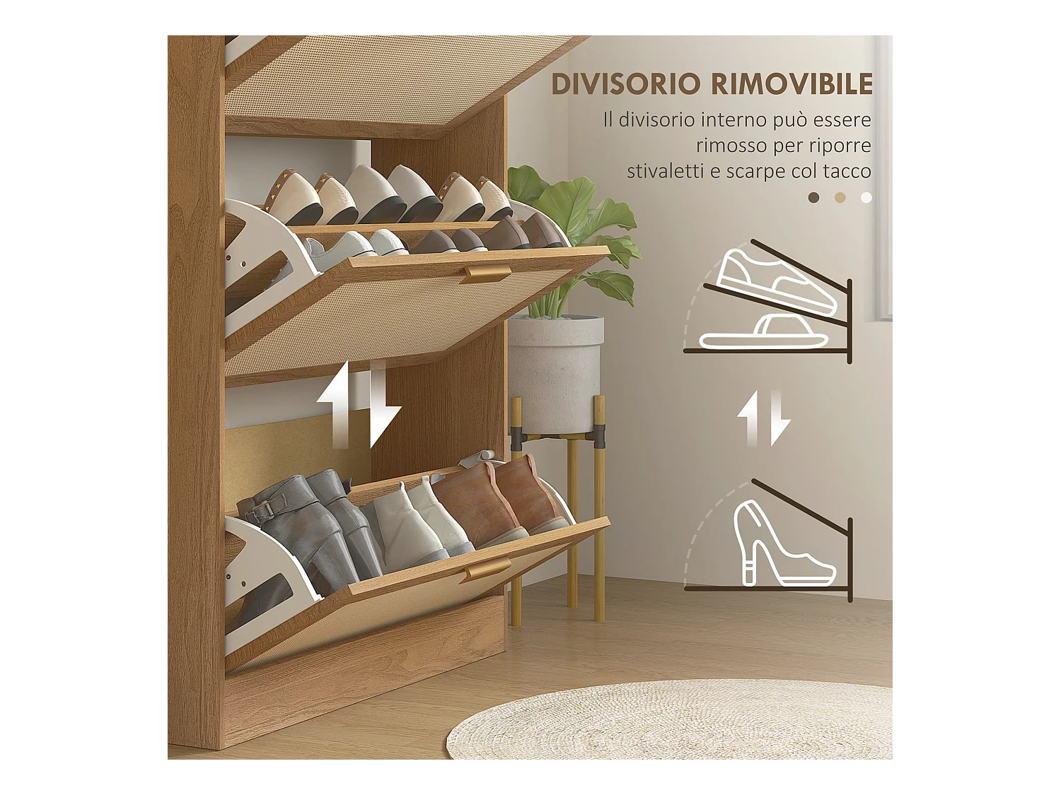 Scarpiera boho a 3 cassetti per 18 paia di scarpe in legno e rattan