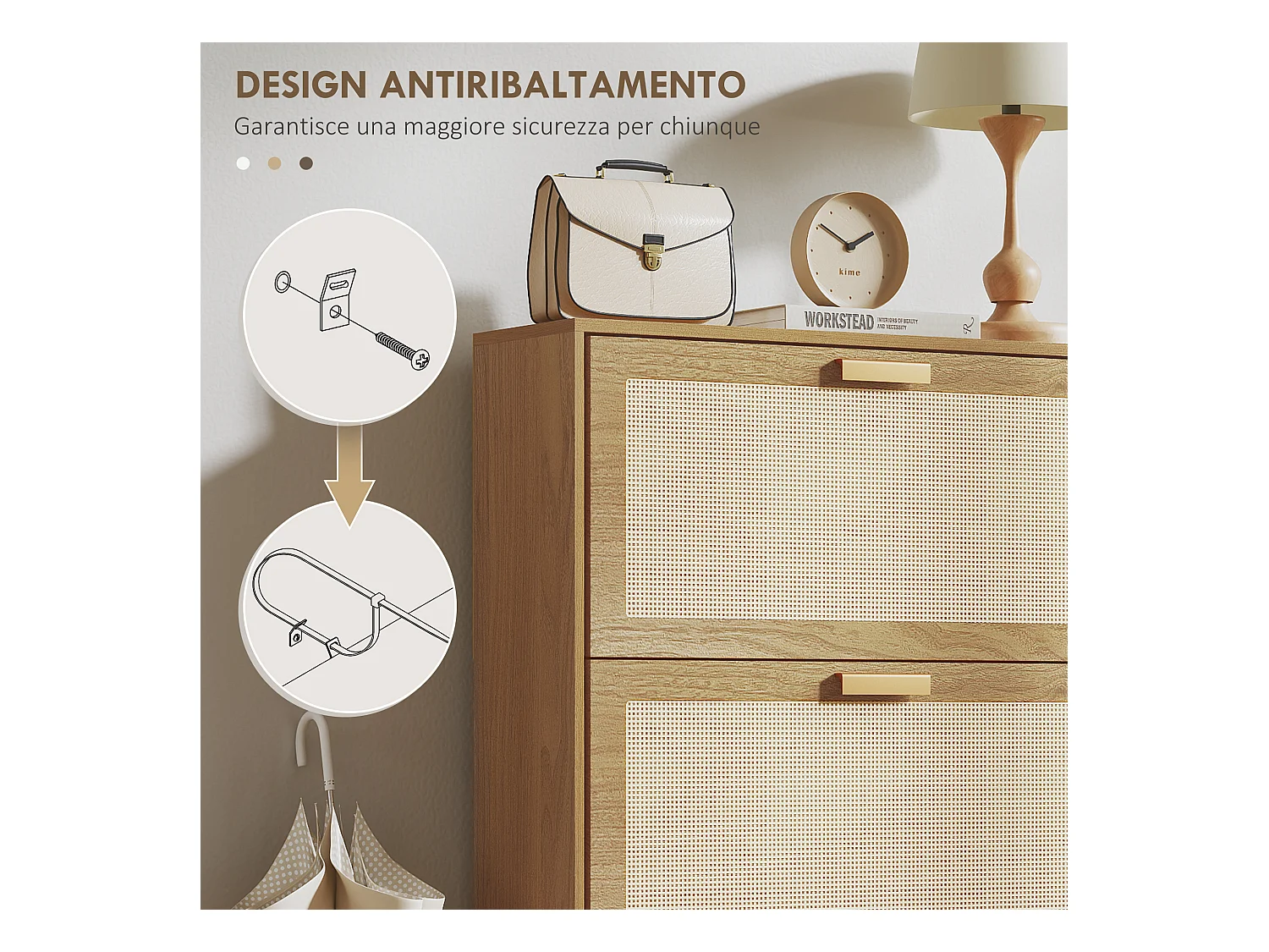 Scarpiera boho a 3 cassetti per 18 paia di scarpe in legno e rattan