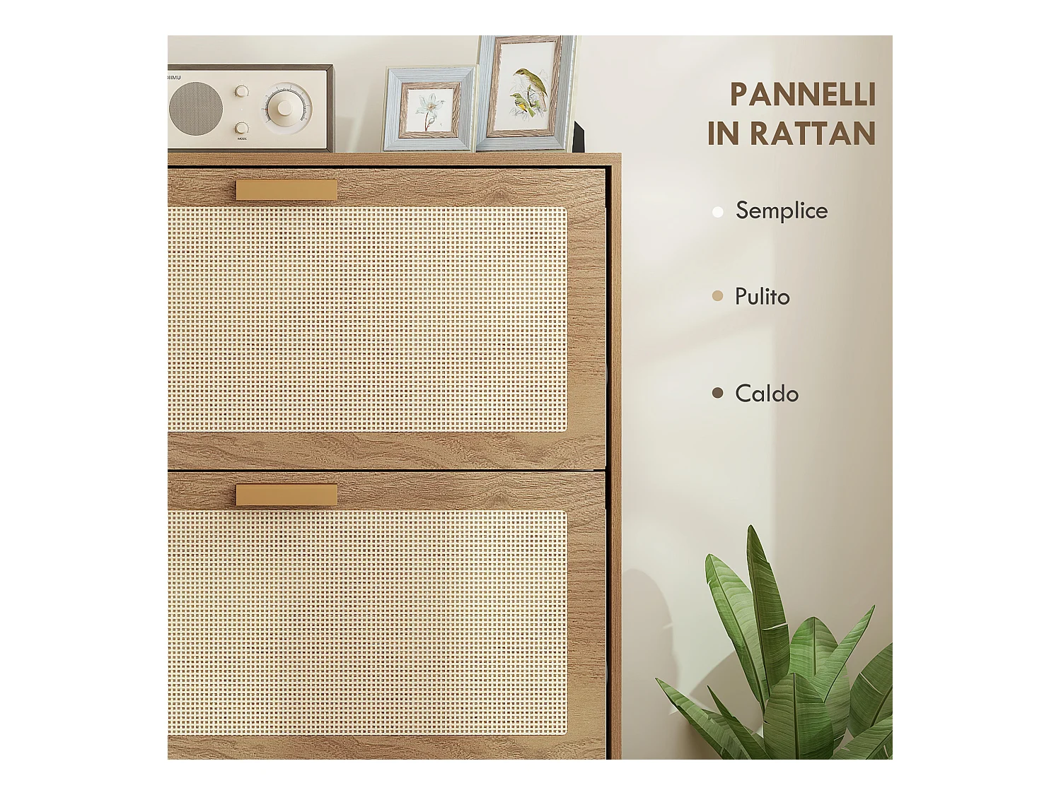 Scarpiera boho a 3 cassetti per 18 paia di scarpe in legno e rattan