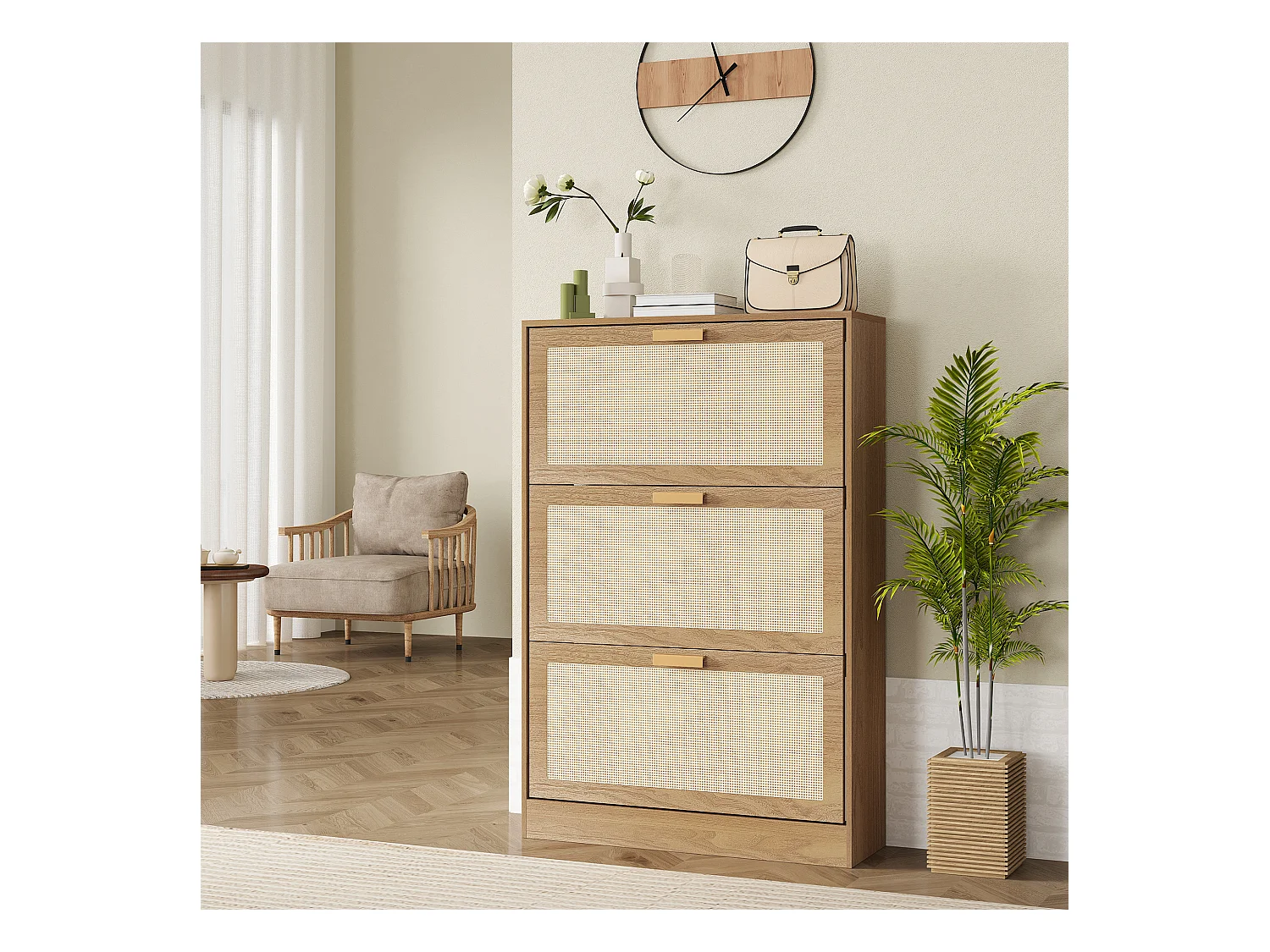 Scarpiera boho a 3 cassetti per 18 paia di scarpe in legno e rattan