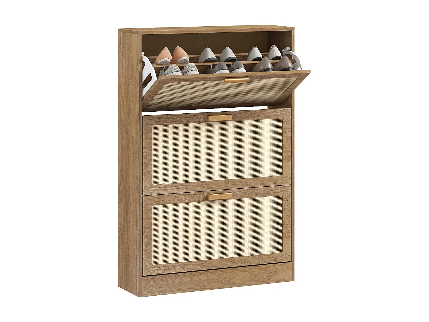 Scarpiera boho a 3 cassetti per 18 paia di scarpe in legno e rattan