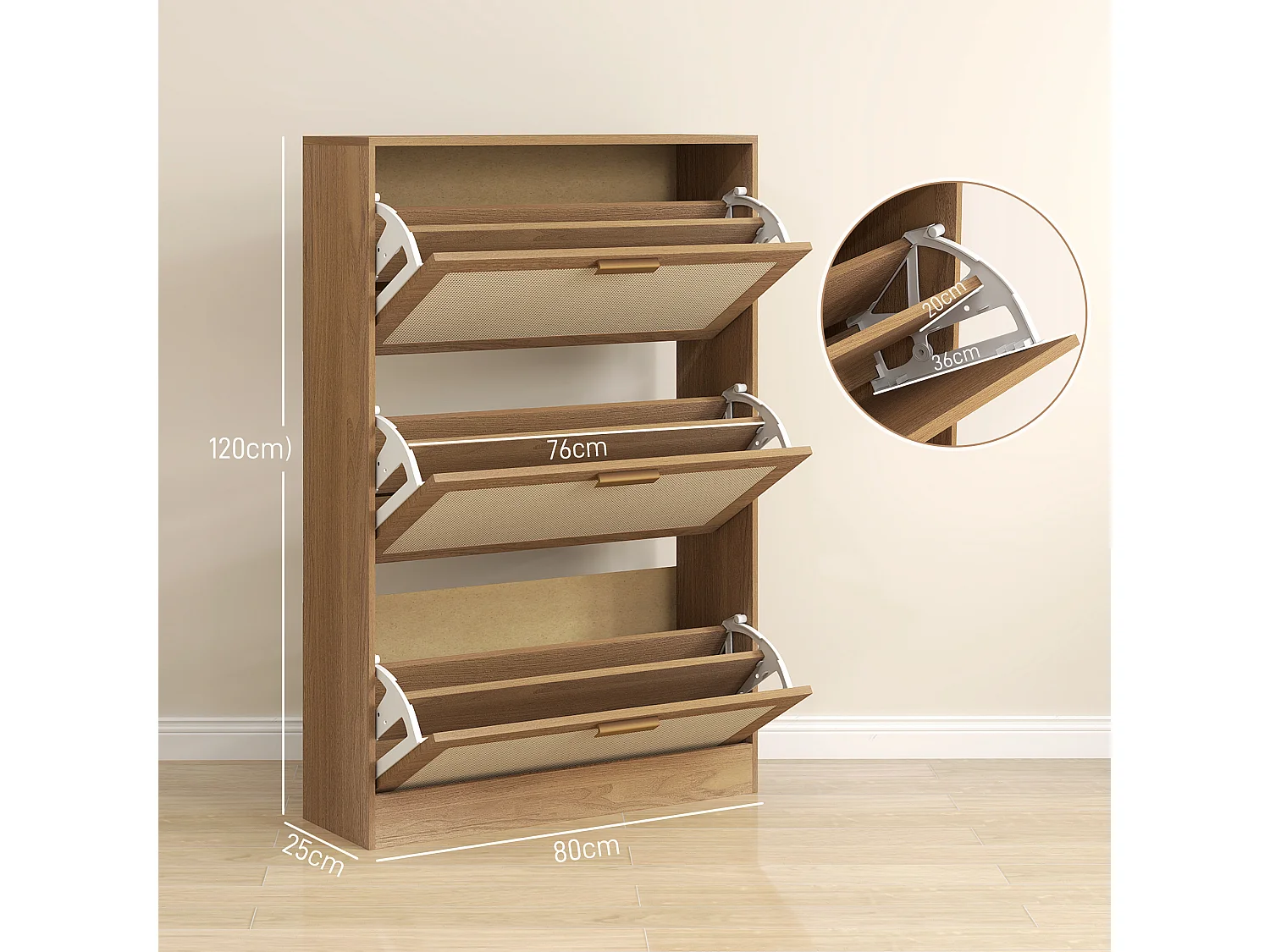 Scarpiera boho a 3 cassetti per 18 paia di scarpe in legno e rattan