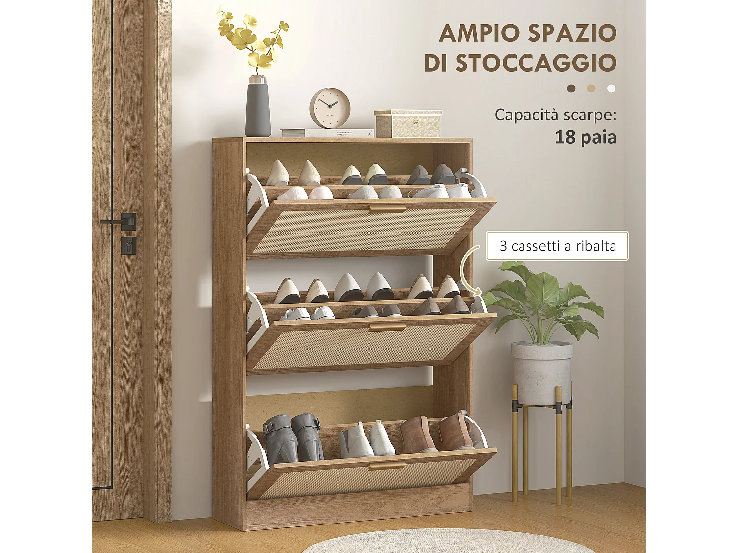 Scarpiera boho a 3 cassetti per 18 paia di scarpe in legno e rattan