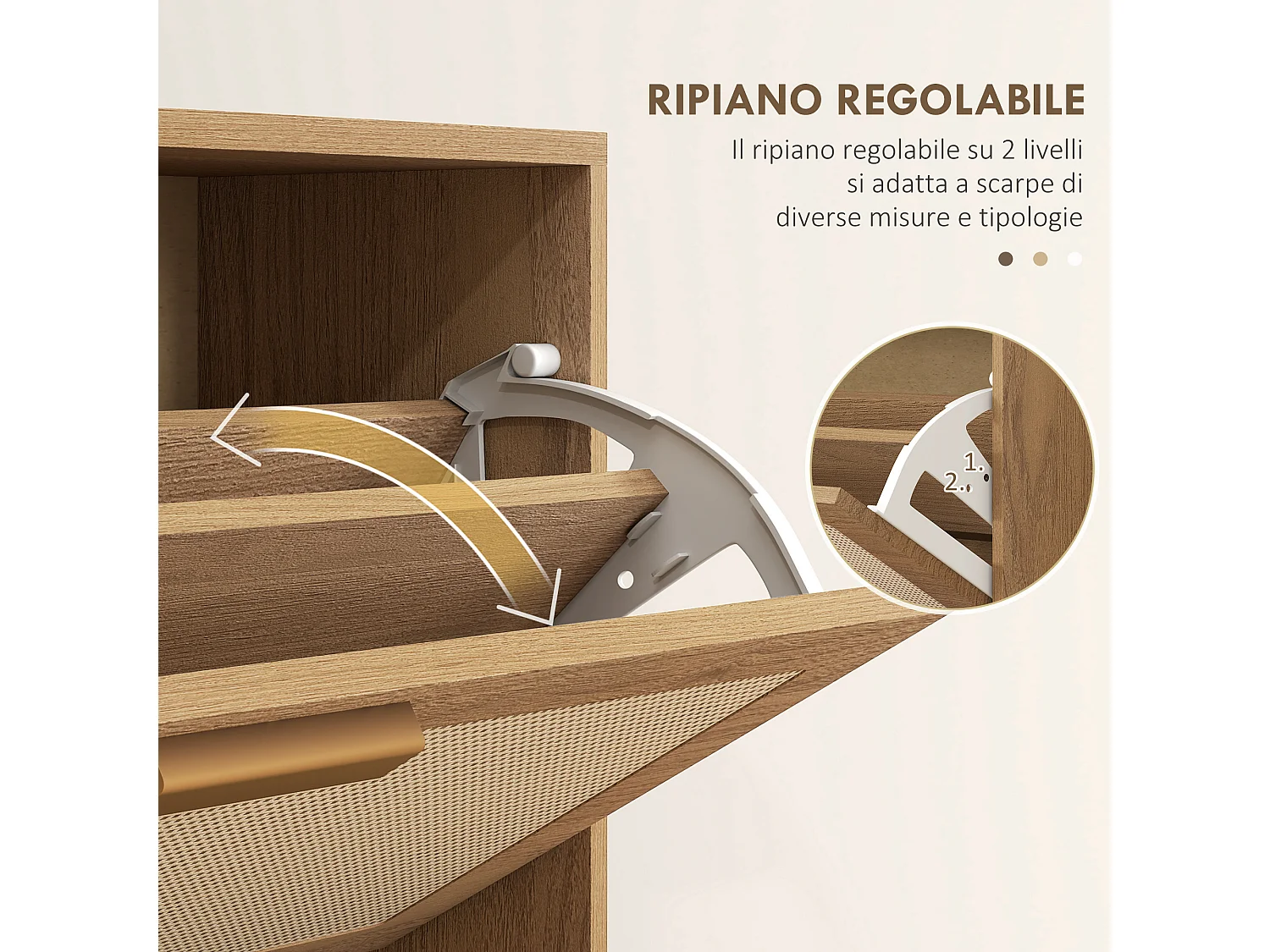 Scarpiera boho a 3 cassetti per 18 paia di scarpe in legno e rattan