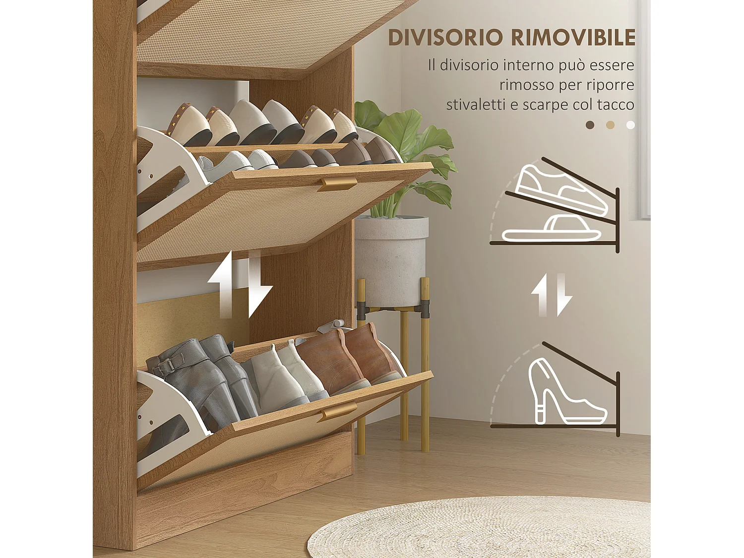 Scarpiera boho a 3 cassetti per 18 paia di scarpe in legno e rattan