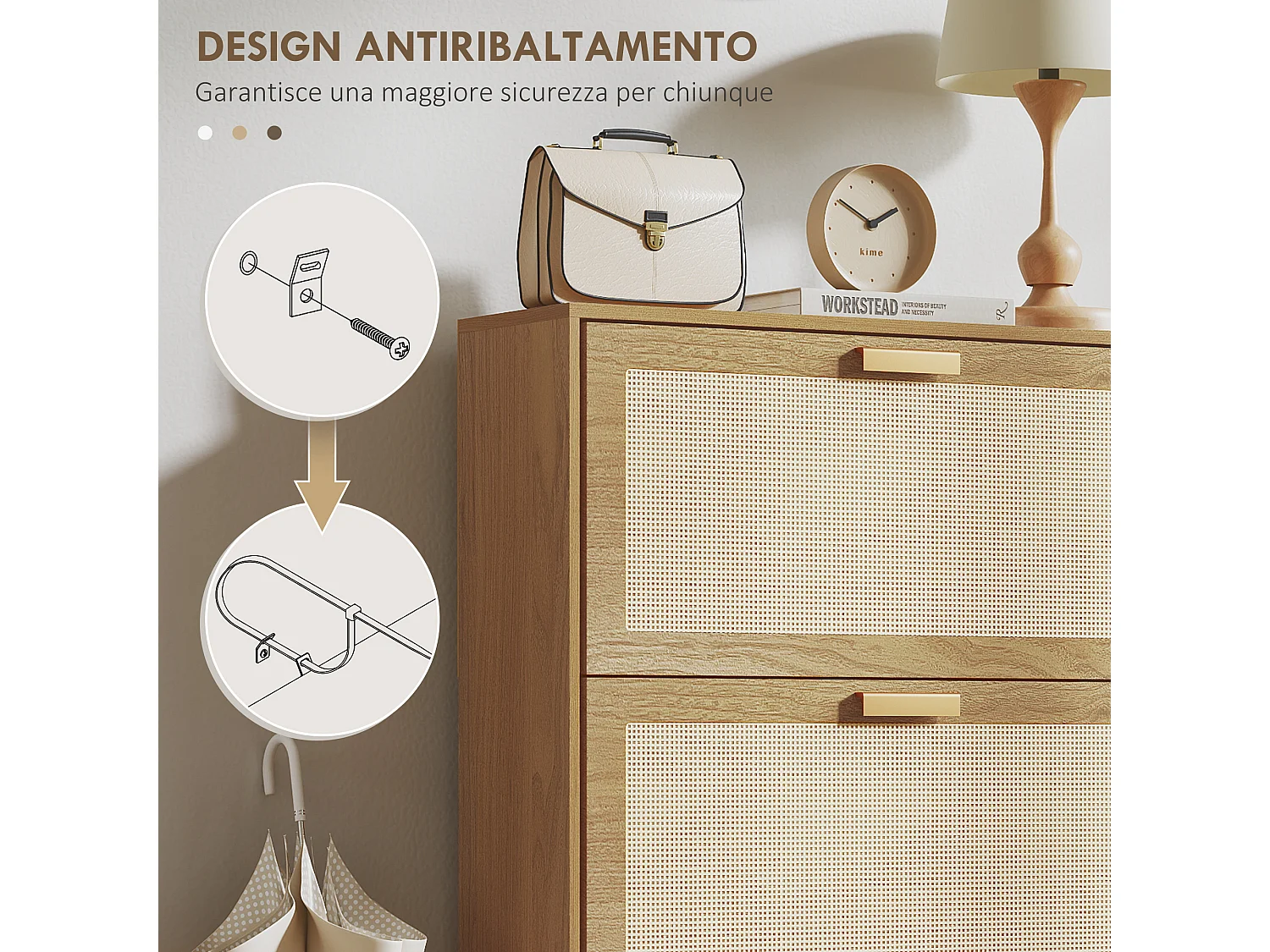 Scarpiera boho a 3 cassetti per 18 paia di scarpe in legno e rattan