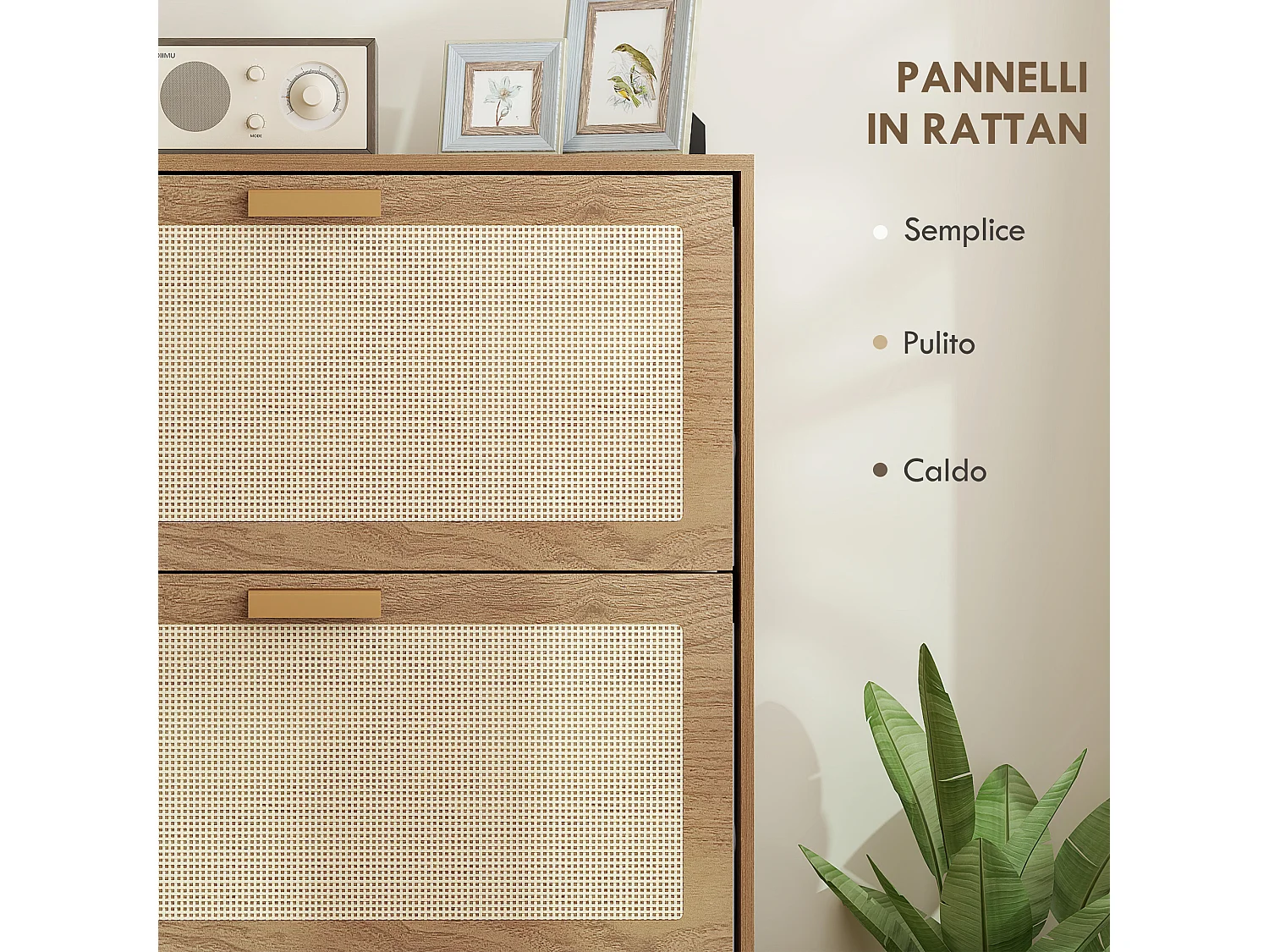 Scarpiera boho a 3 cassetti per 18 paia di scarpe in legno e rattan