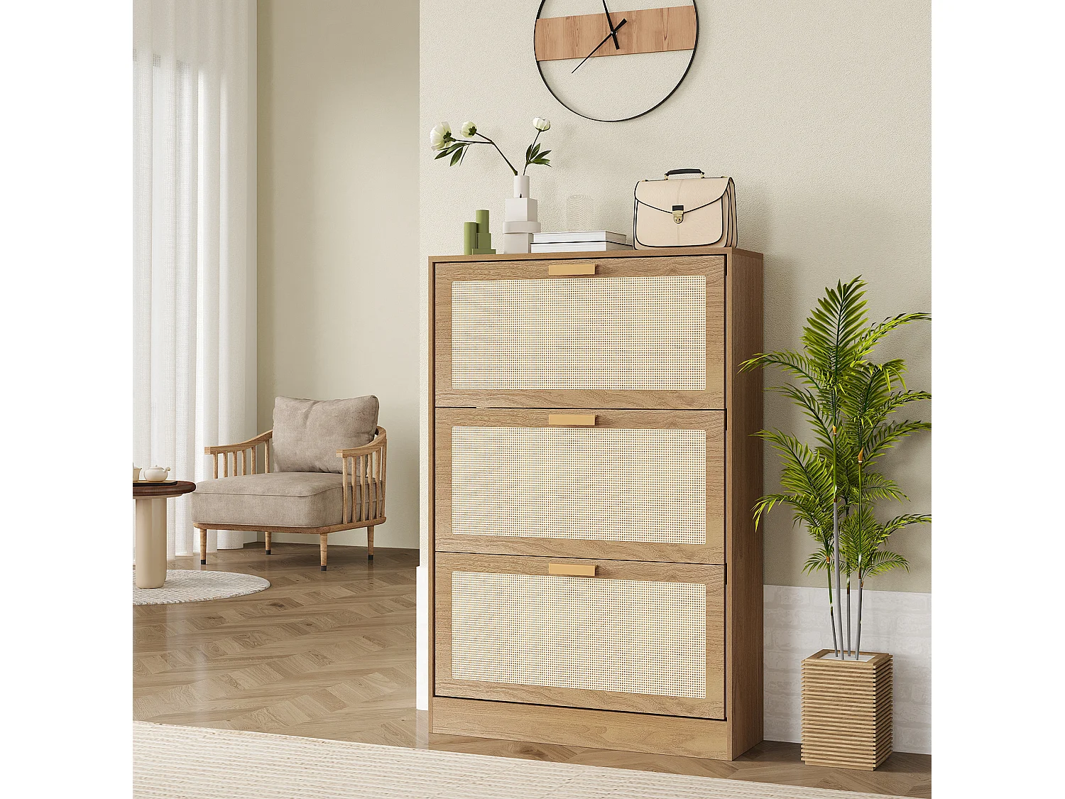 Scarpiera boho a 3 cassetti per 18 paia di scarpe in legno e rattan