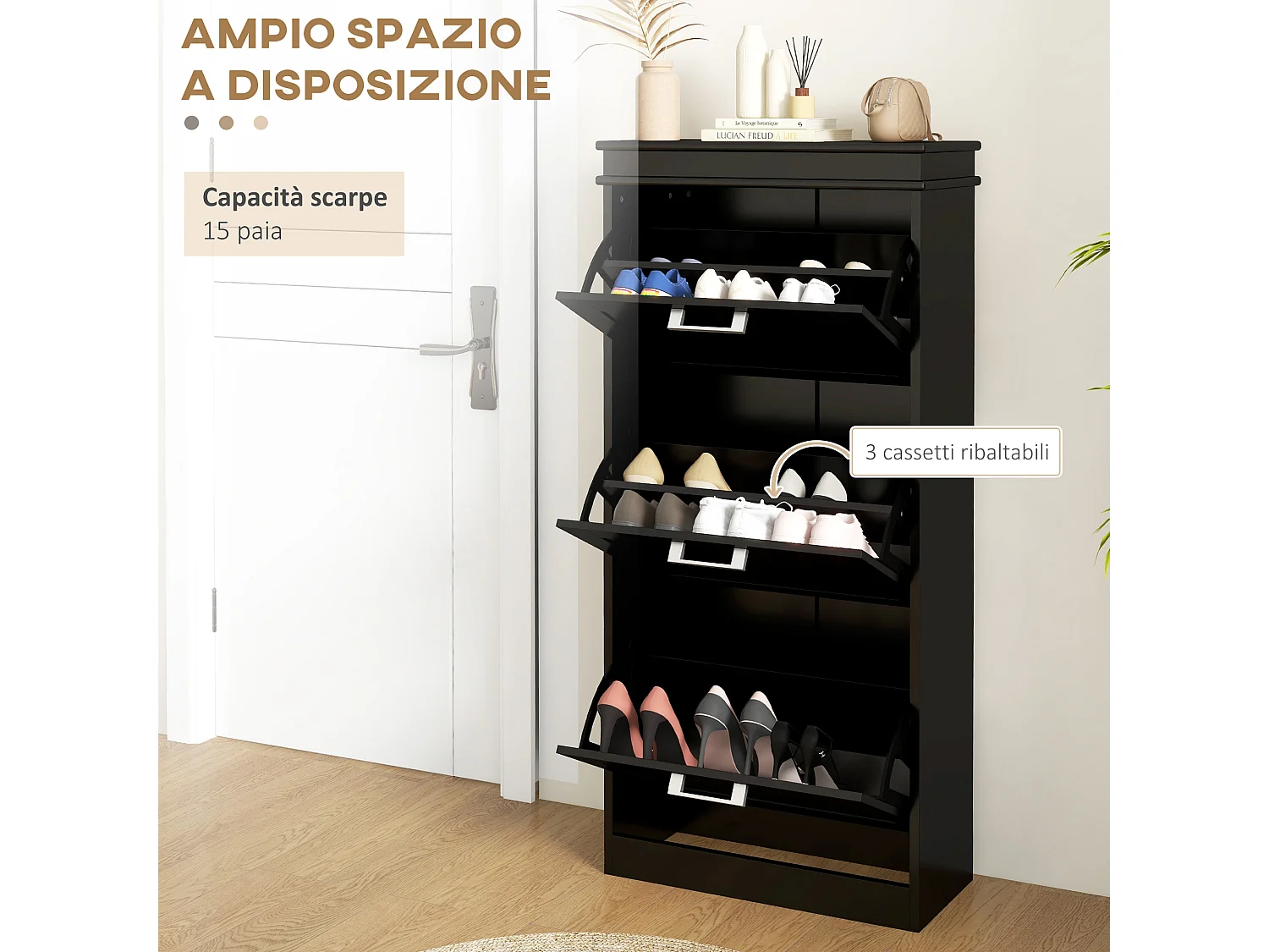 Scarpiera salvaspazio con 2 cassetti per 10 paia di scarpe nero