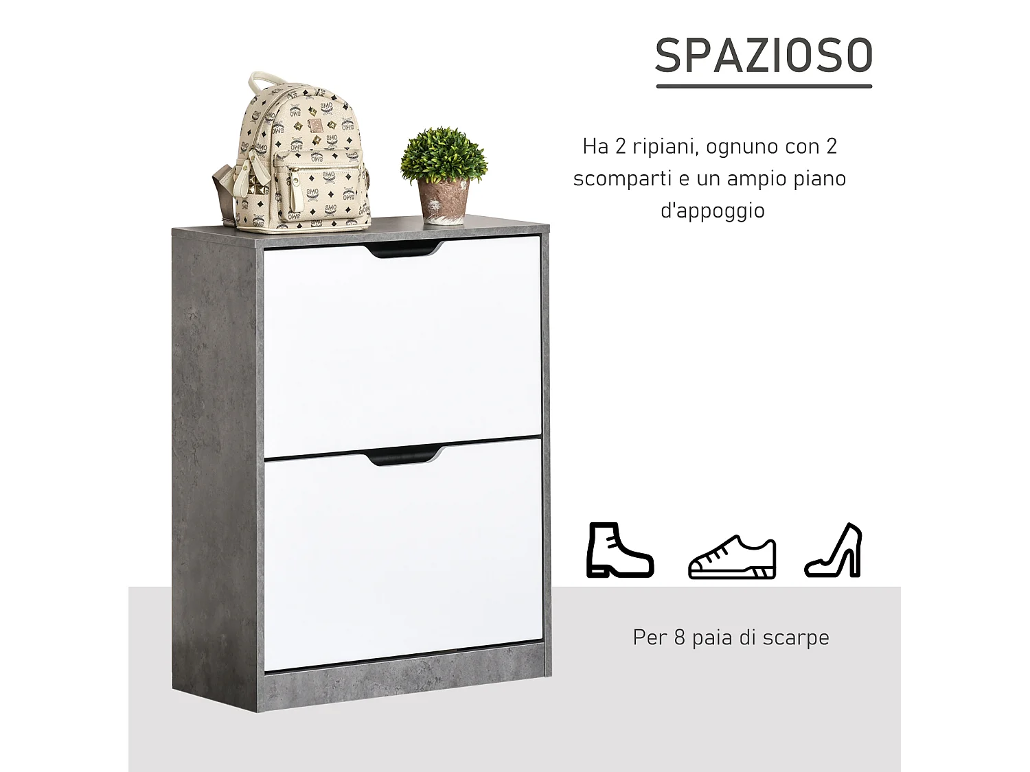 Mobile scarpiera salvaspazio moderno a 2 ante grigio bianco