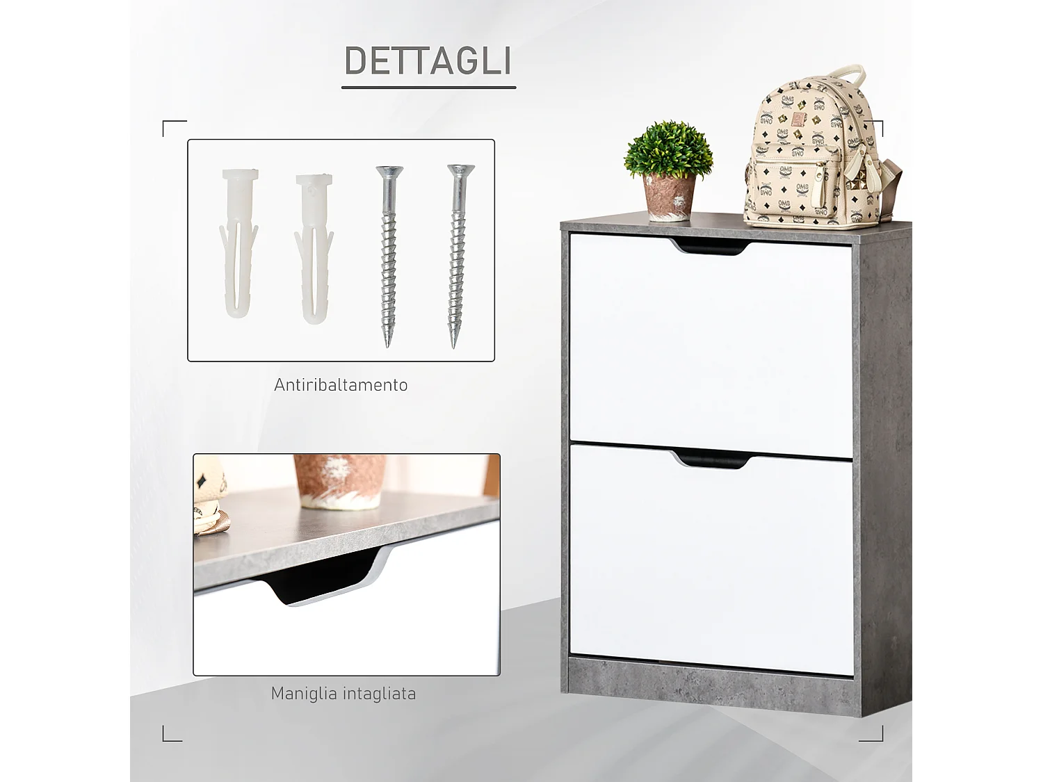 Mobile scarpiera salvaspazio moderno a 2 ante grigio bianco