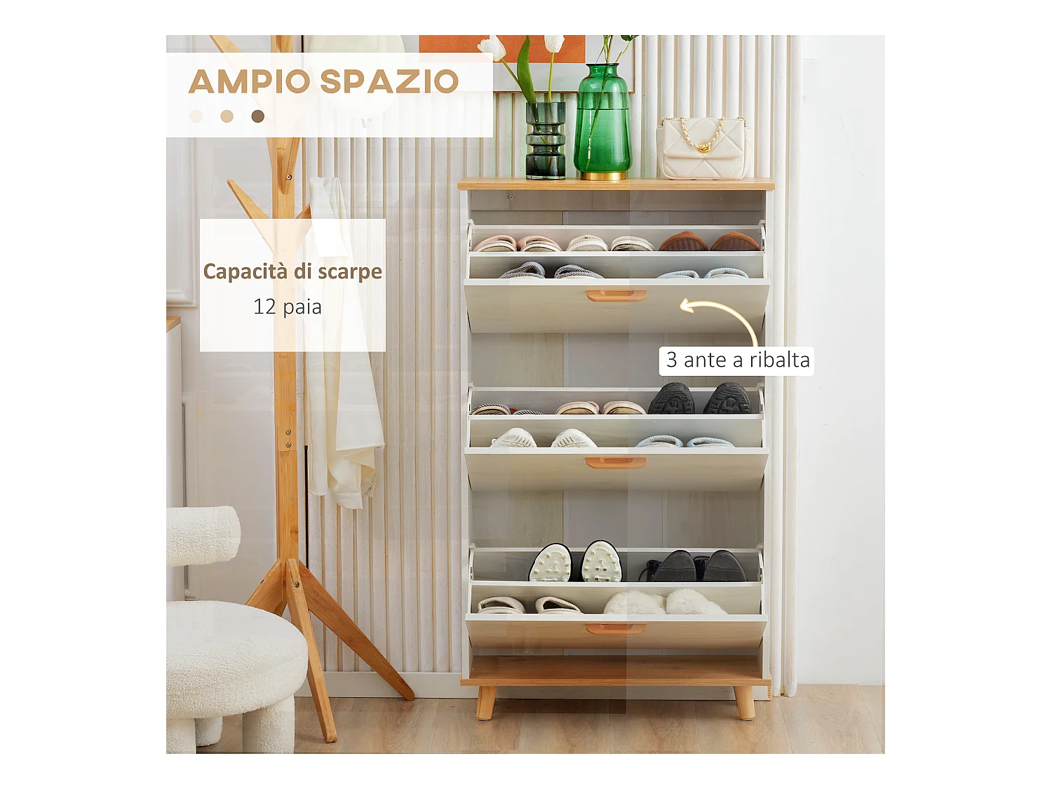 Mobile scarpiera salvaspazio 3 cassetti con 2 ripiani interni