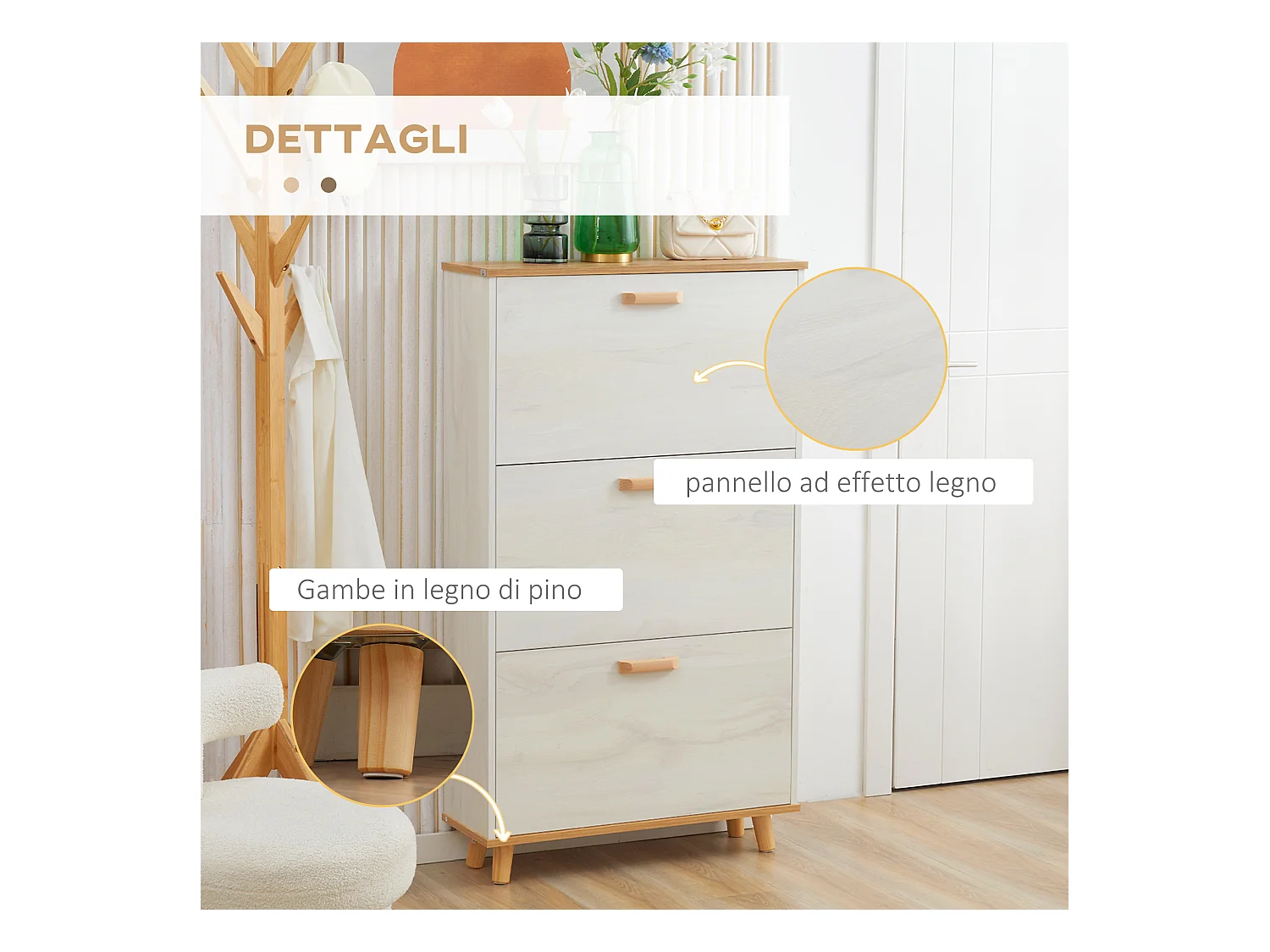 Mobile scarpiera salvaspazio 3 cassetti con 2 ripiani interni