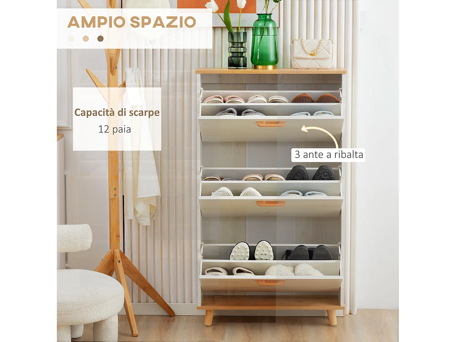 Mobile scarpiera salvaspazio 3 cassetti con 2 ripiani interni