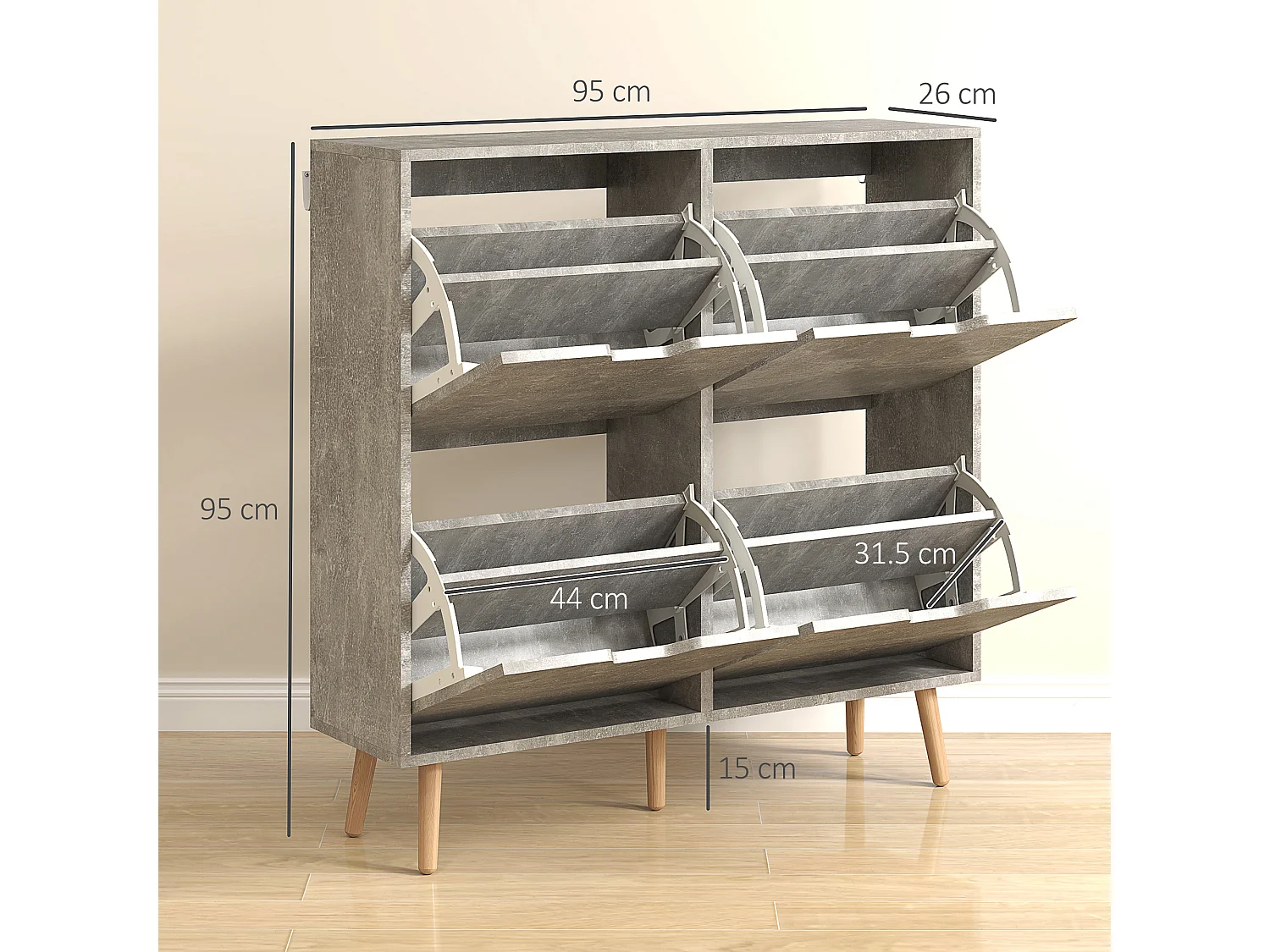 Mobile scarpiera con 4 cassetti ribaltabili in legno grigio