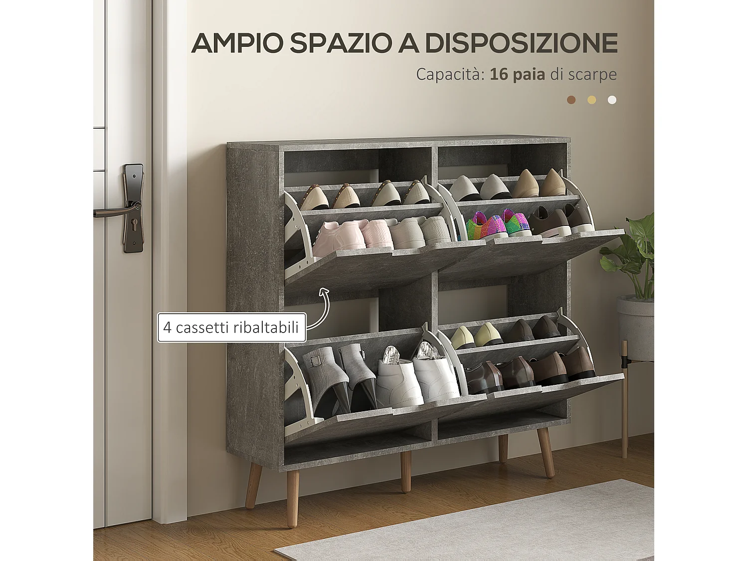 Mobile scarpiera con 4 cassetti ribaltabili in legno grigio