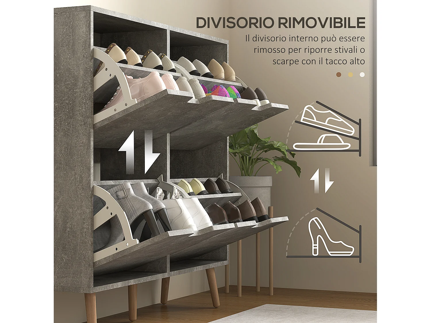 Mobile scarpiera con 4 cassetti ribaltabili in legno grigio