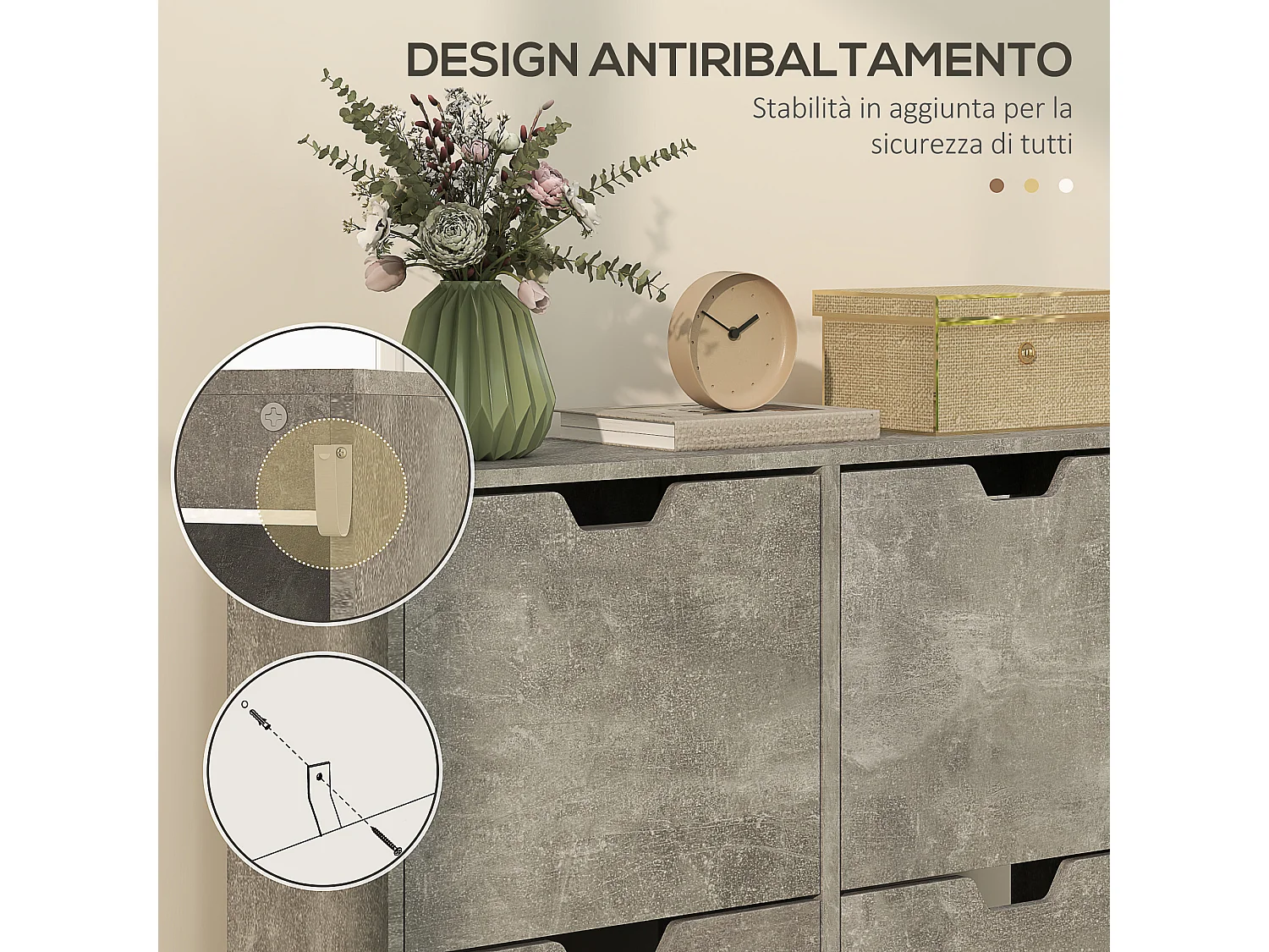 Mobile scarpiera con 4 cassetti ribaltabili in legno grigio