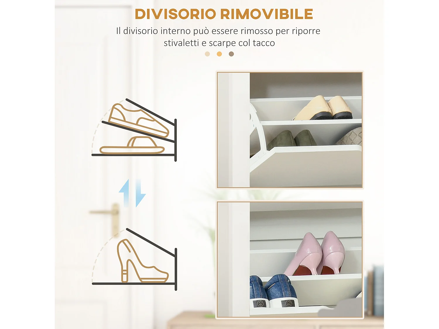 Scarpiera moderna con 2 ripiani regolabili rimovibili in legno bianco