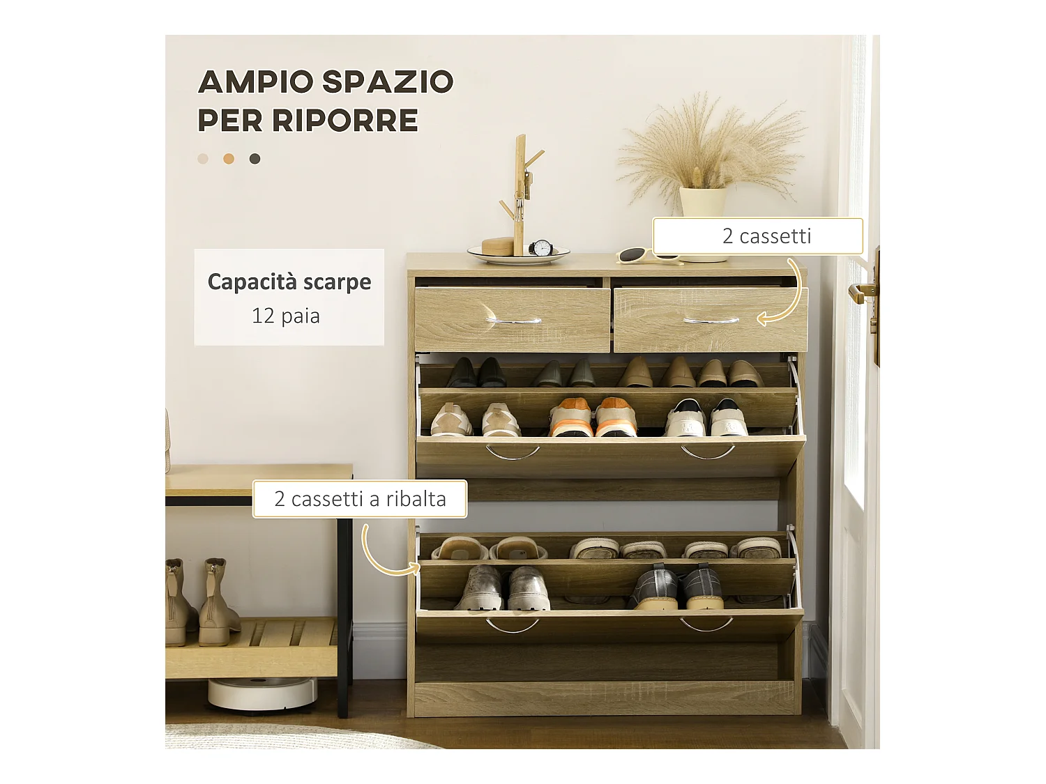 Mobile scarpiera con 2 ripiani interni regolabili e cassetti