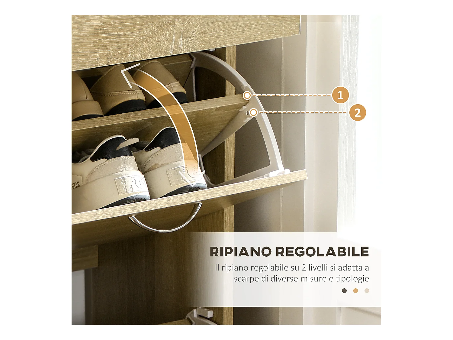 Mobile scarpiera con 2 ripiani interni regolabili e cassetti