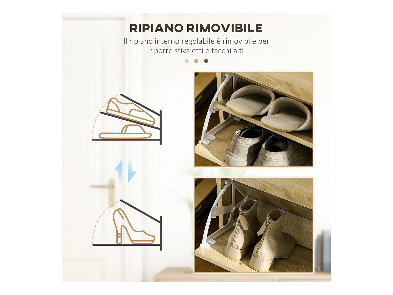 Mobile scarpiera con 2 ripiani interni regolabili e cassetti