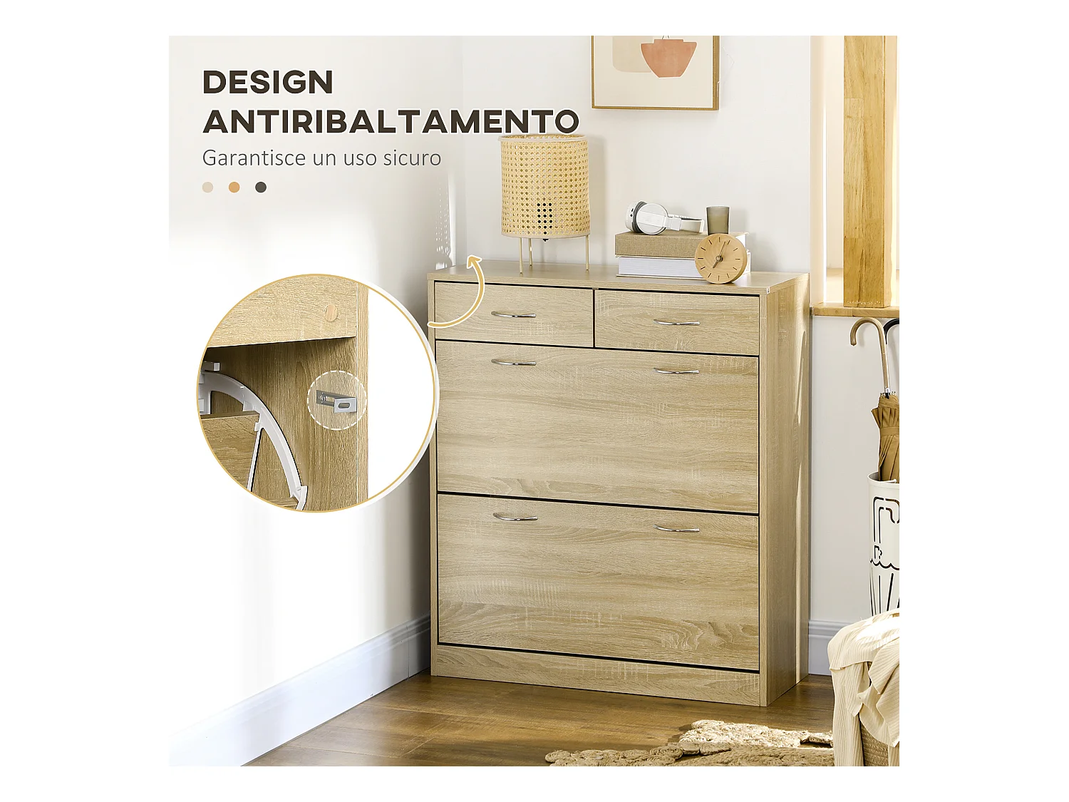 Mobile scarpiera con 2 ripiani interni regolabili e cassetti