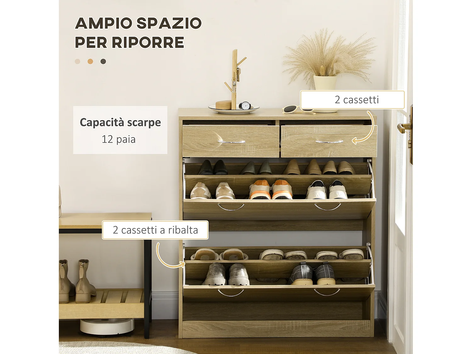 Mobile scarpiera con 2 ripiani interni regolabili e cassetti