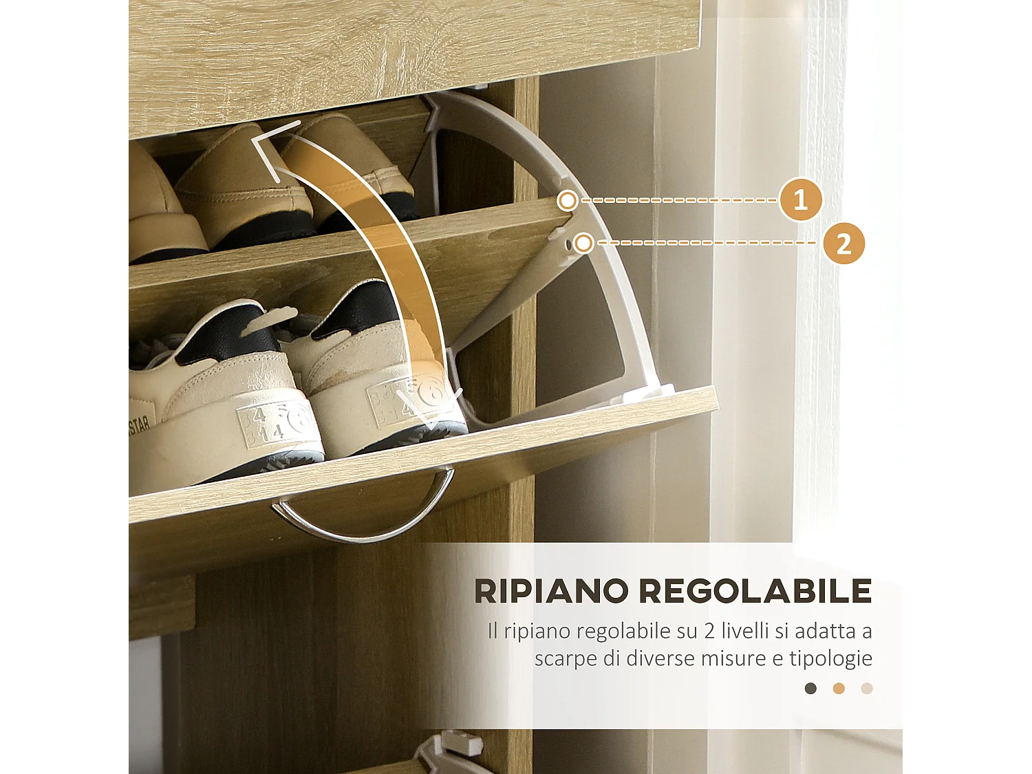 Mobile scarpiera con 2 ripiani interni regolabili e cassetti