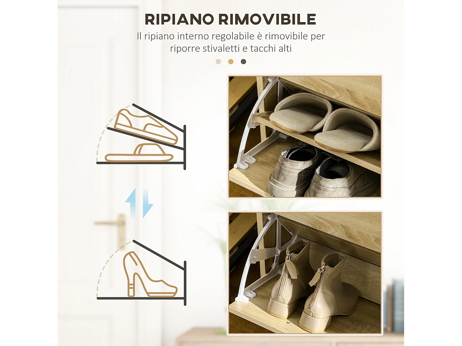 Mobile scarpiera con 2 ripiani interni regolabili e cassetti