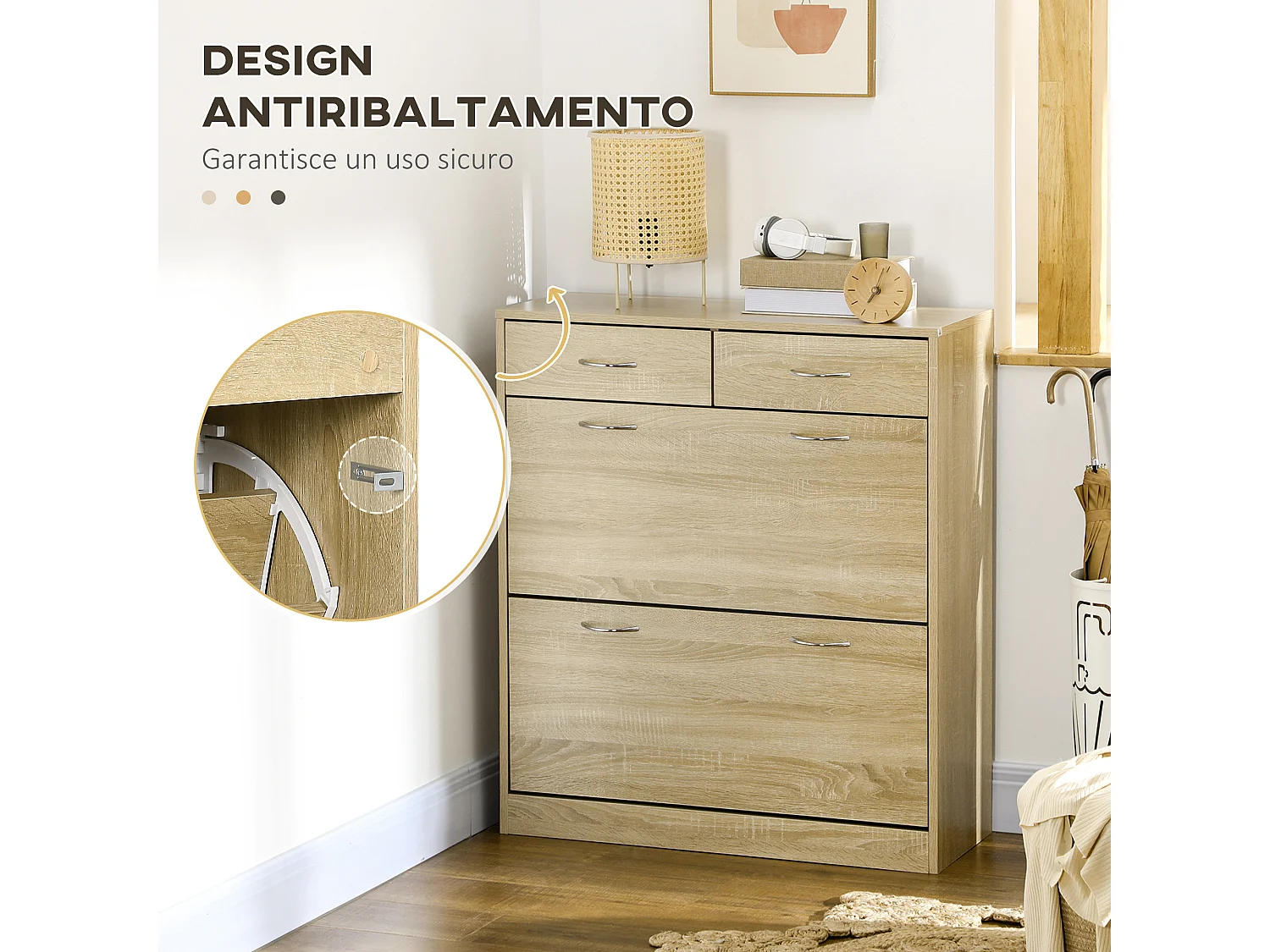 Mobile scarpiera con 2 ripiani interni regolabili e cassetti