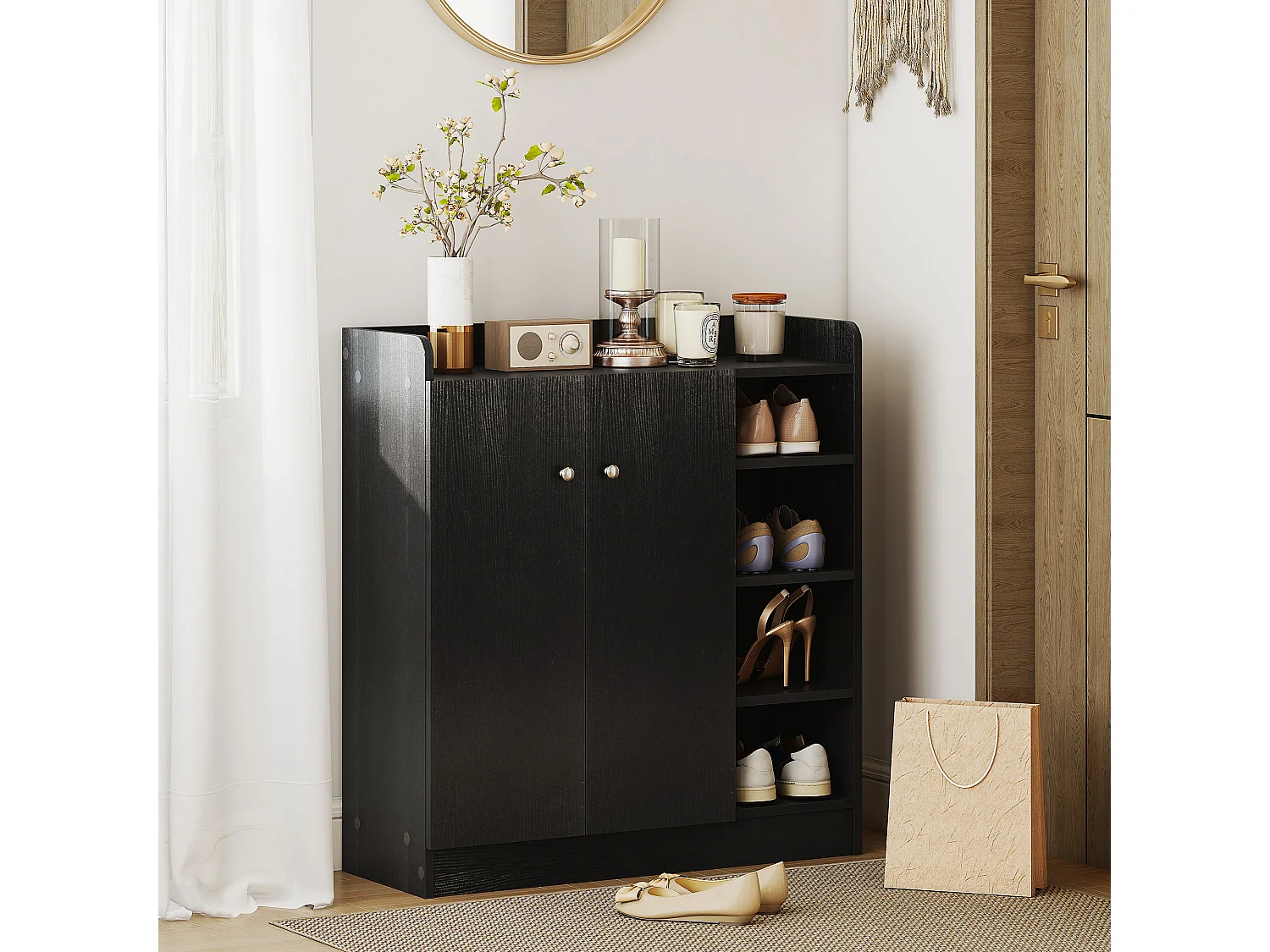 Armadio scarpiera salvaspazio moderna con 4 ripiani aperti legno nero