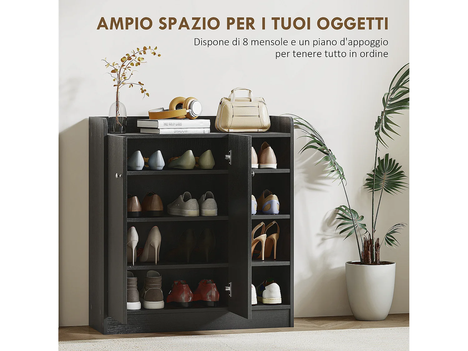 Armadio scarpiera salvaspazio moderna con 4 ripiani aperti legno nero