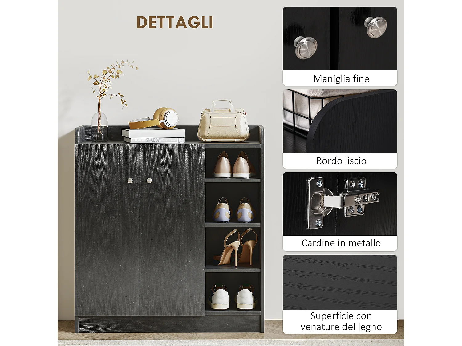 Armadio scarpiera salvaspazio moderna con 4 ripiani aperti legno nero