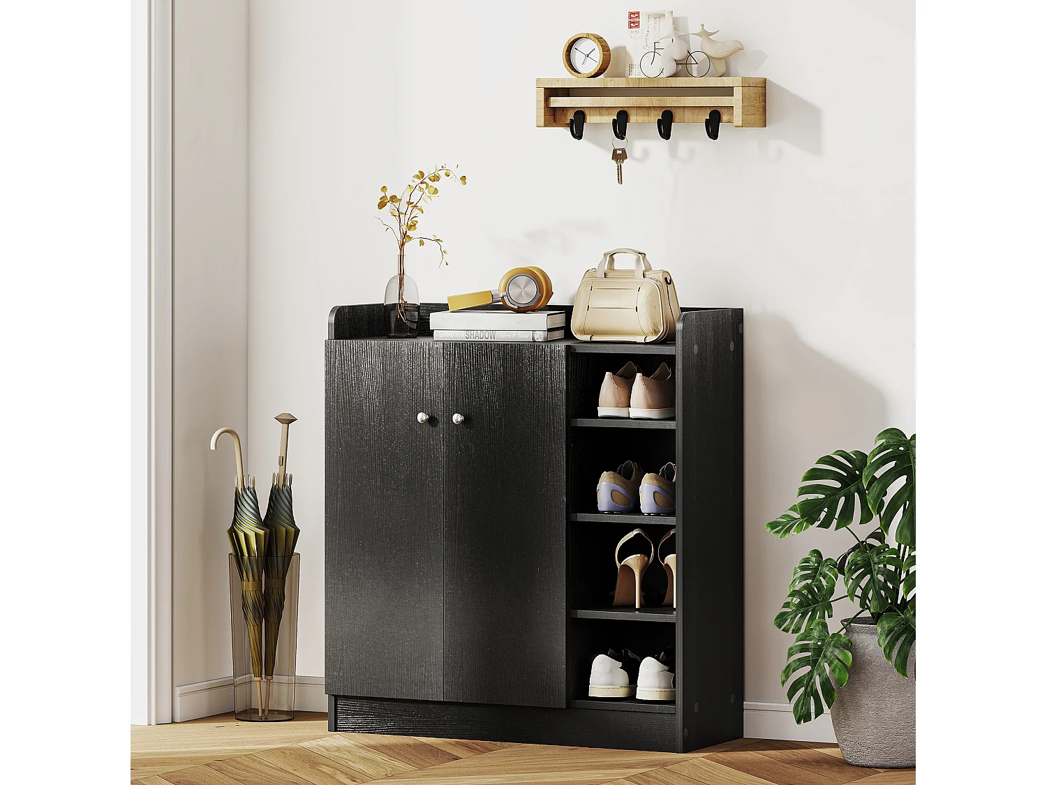 Armadio scarpiera salvaspazio moderna con 4 ripiani aperti legno nero