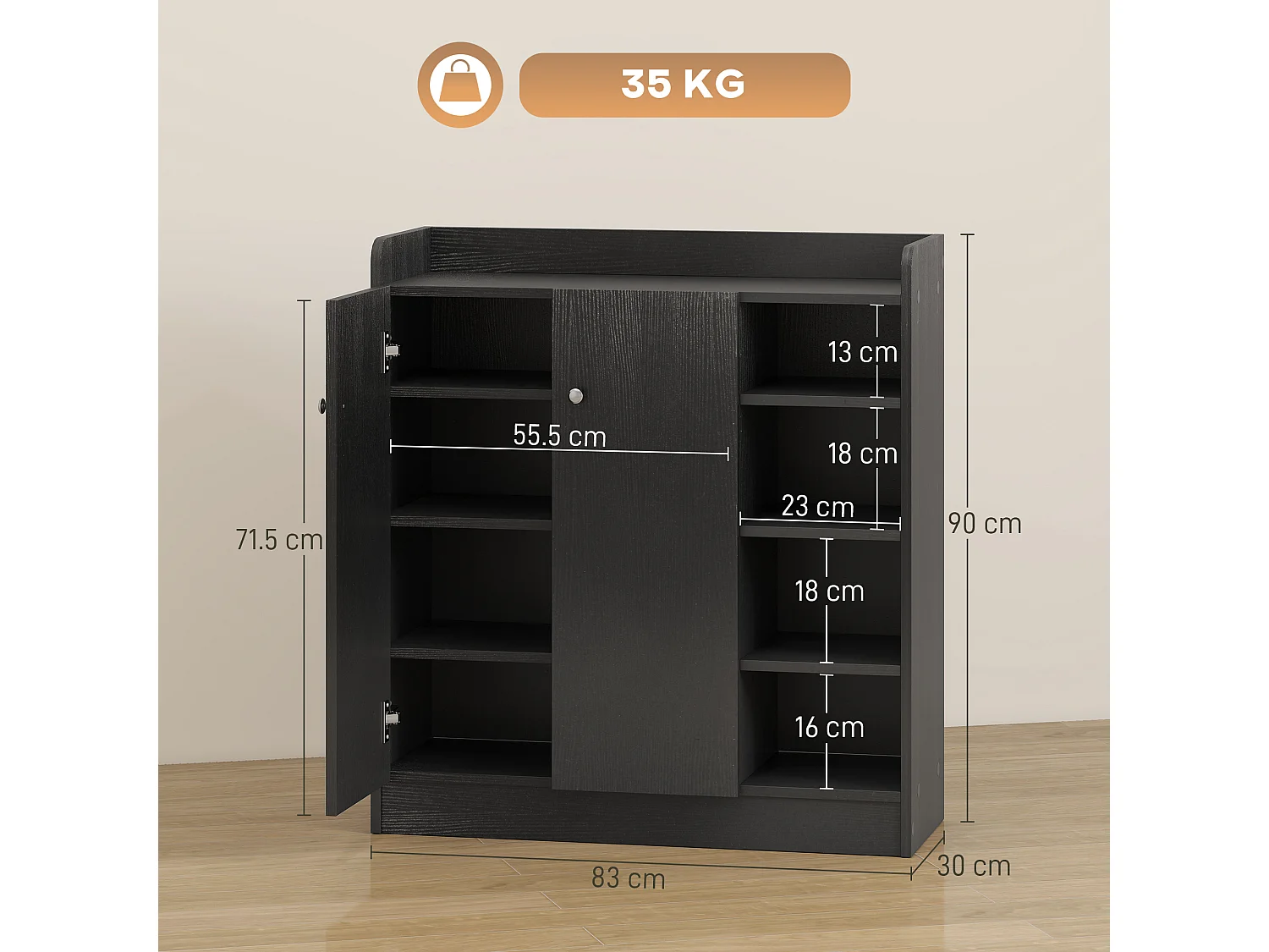 Armadio scarpiera salvaspazio moderna con 4 ripiani aperti legno nero