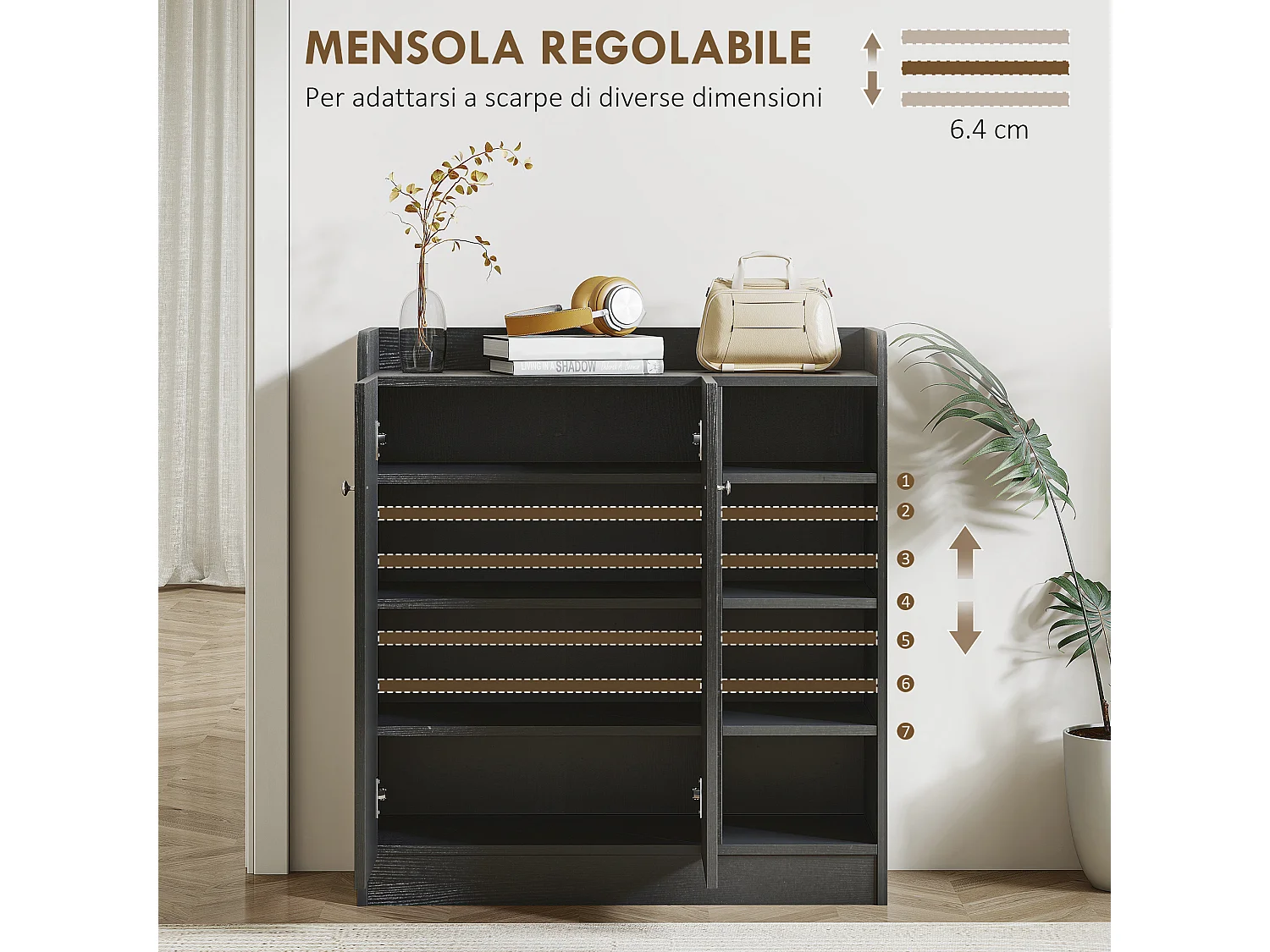 Armadio scarpiera salvaspazio moderna con 4 ripiani aperti legno nero