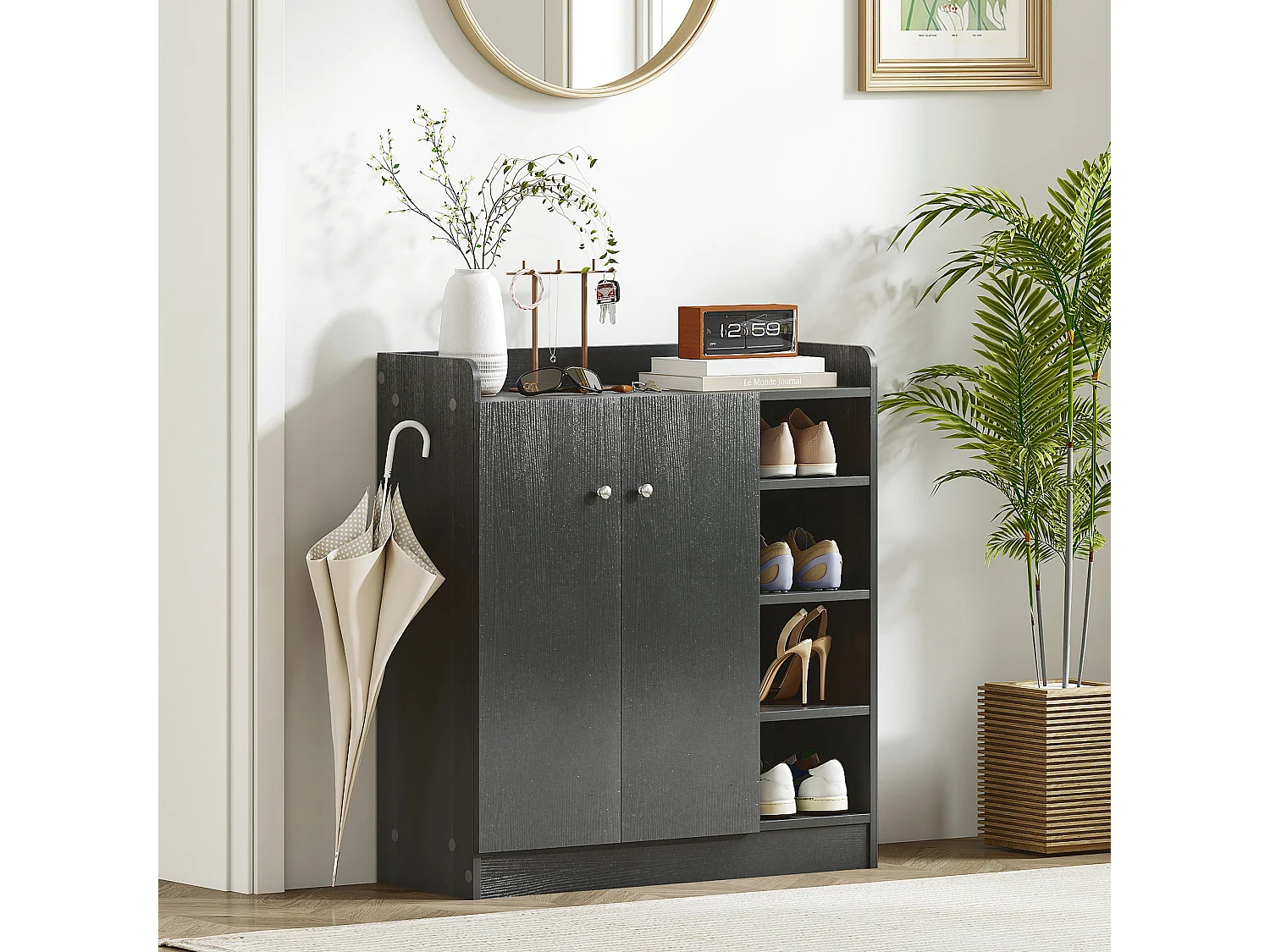 Armadio scarpiera salvaspazio moderna con 4 ripiani aperti legno nero