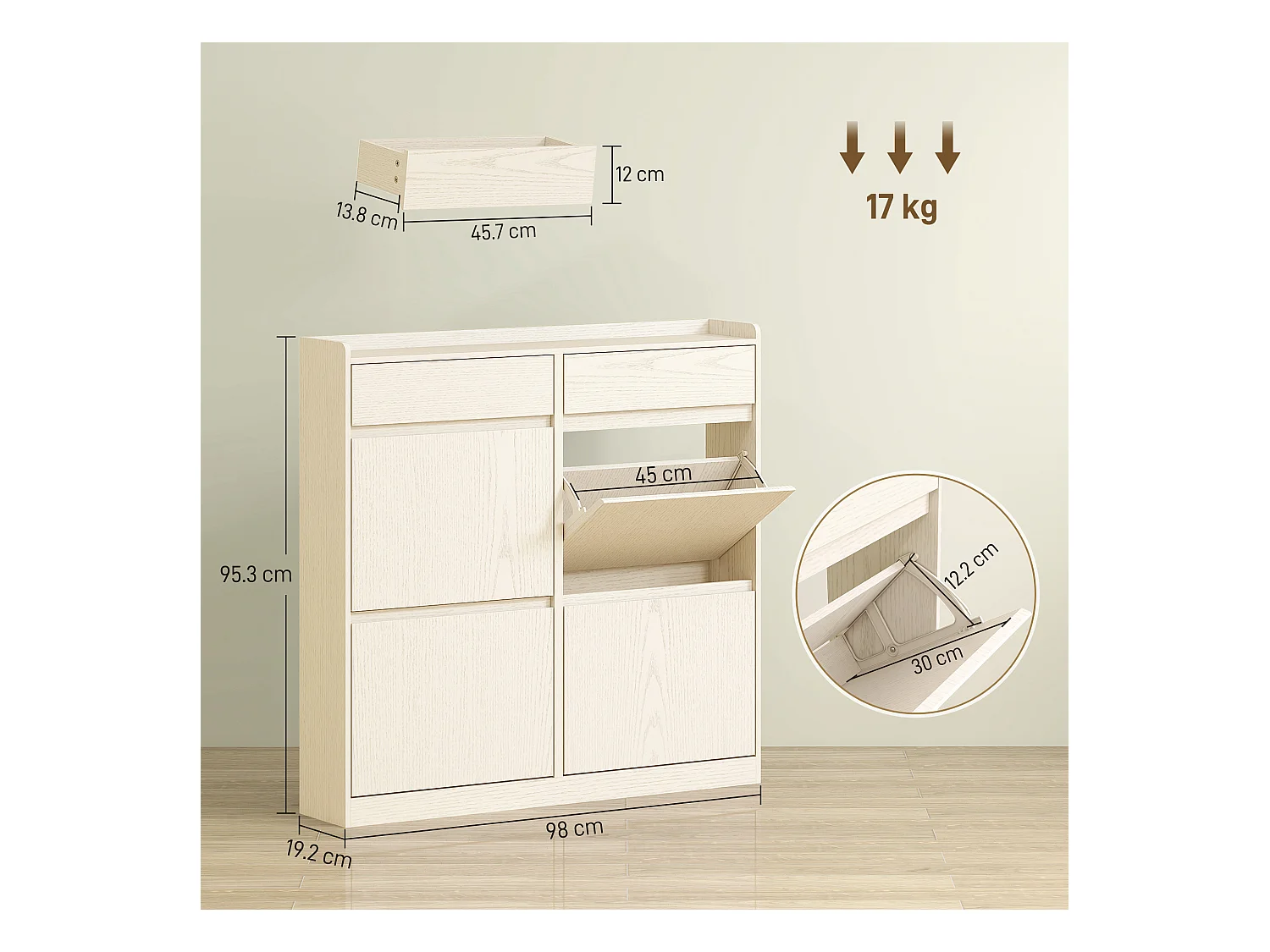 Scarpiera slim con 4 cassetti a ribalta e 2 cassetti scorrevoli bianco