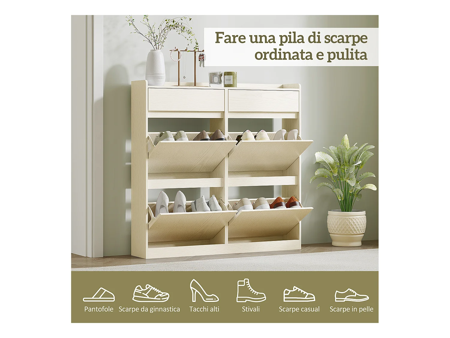 Scarpiera slim con 4 cassetti a ribalta e 2 cassetti scorrevoli bianco