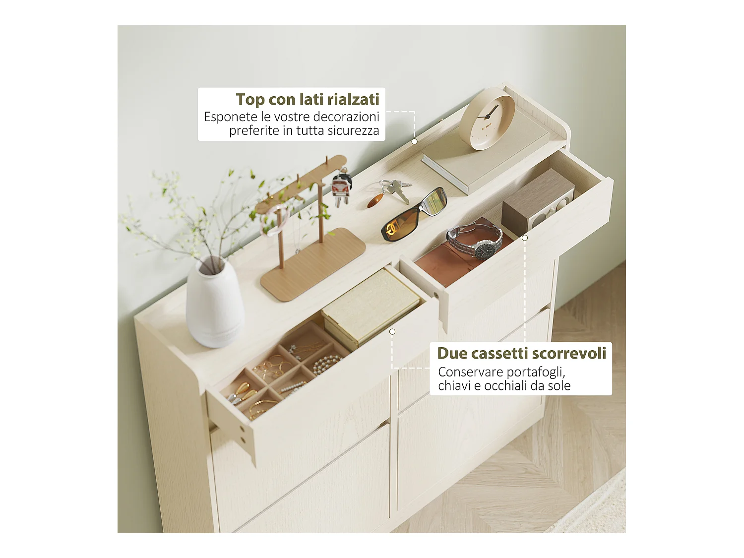 Scarpiera slim con 4 cassetti a ribalta e 2 cassetti scorrevoli bianco