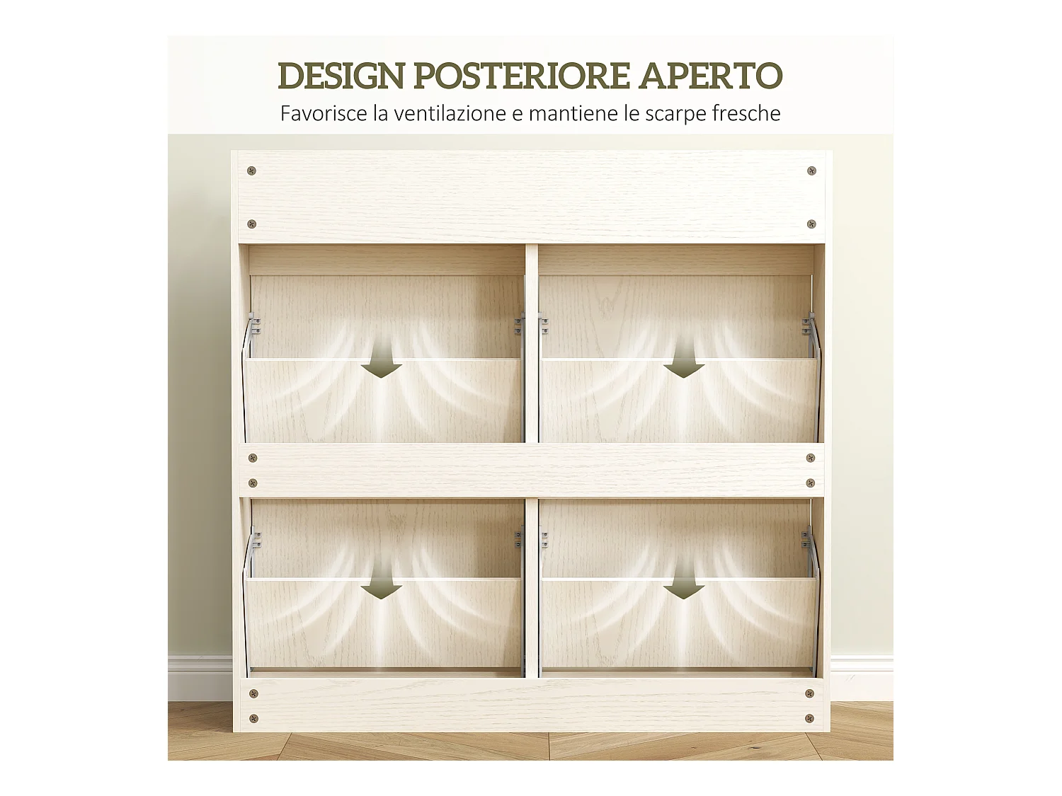 Scarpiera slim con 4 cassetti a ribalta e 2 cassetti scorrevoli bianco